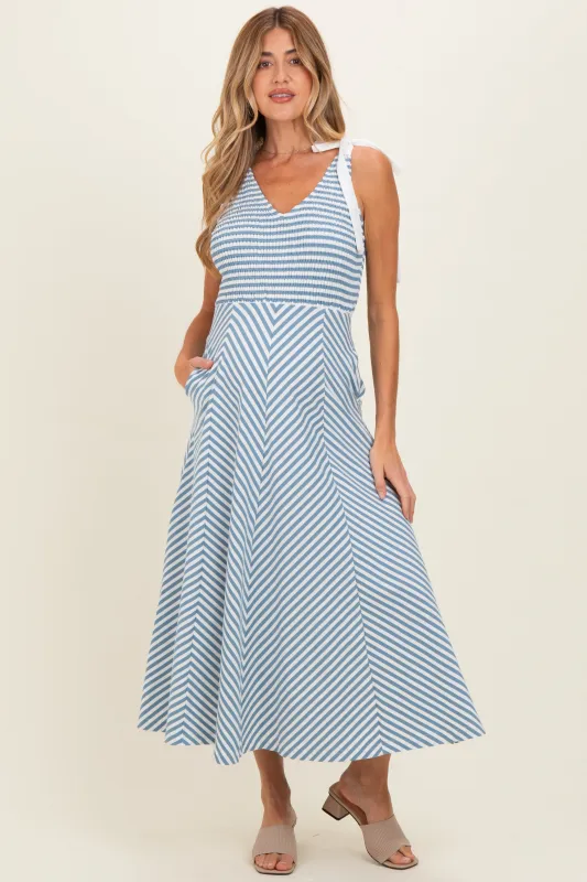 Light Blue Striped Smocked Shoulder Tie Maternity Midi Dress made by entro