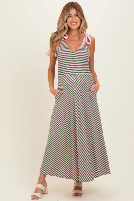 Olive Striped Smocked Shoulder Tie Maternity Midi Dress made by entro