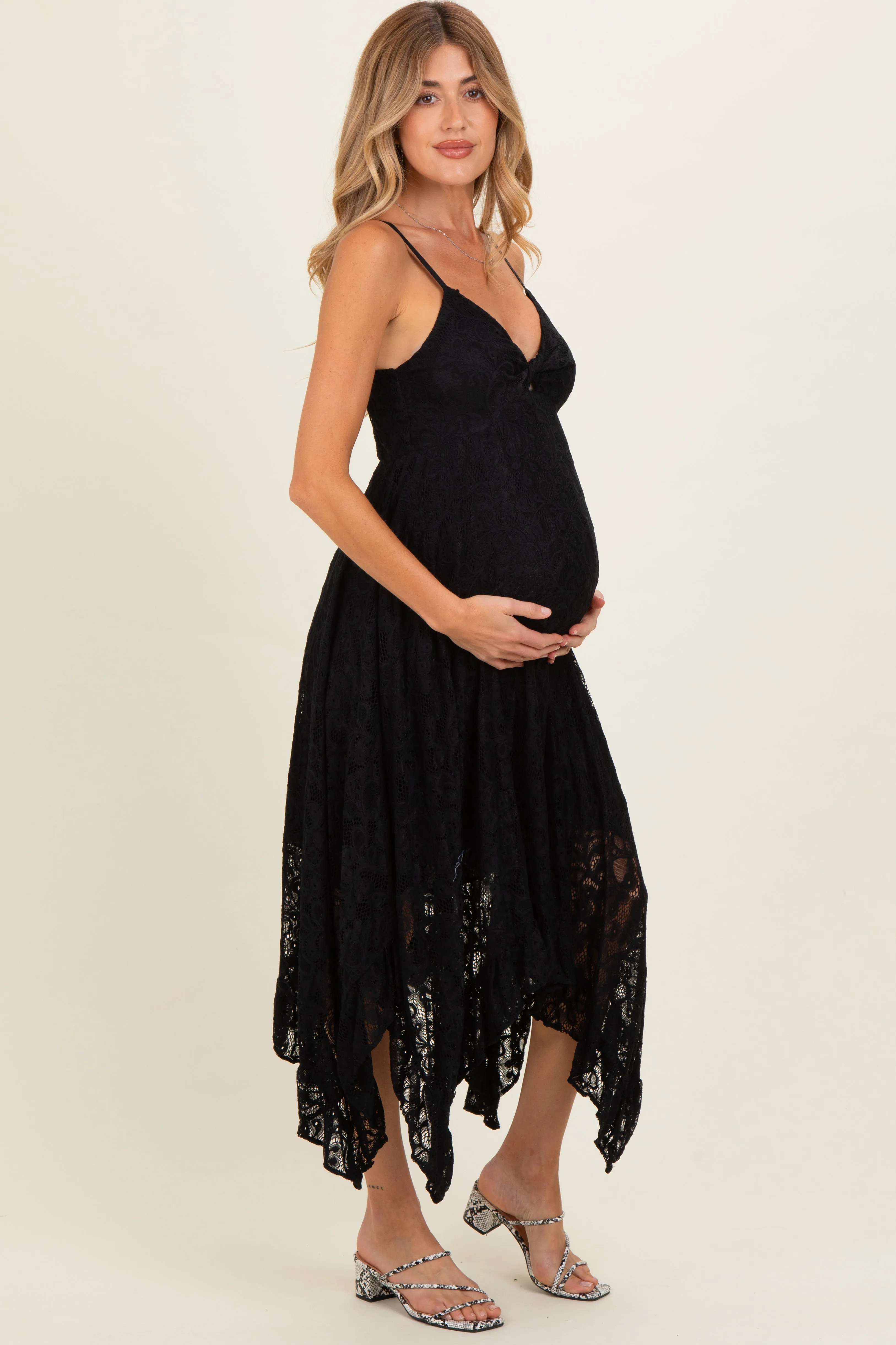 Black Twist Front Lace Maternity Maxi Dress sold by Pinkblush
