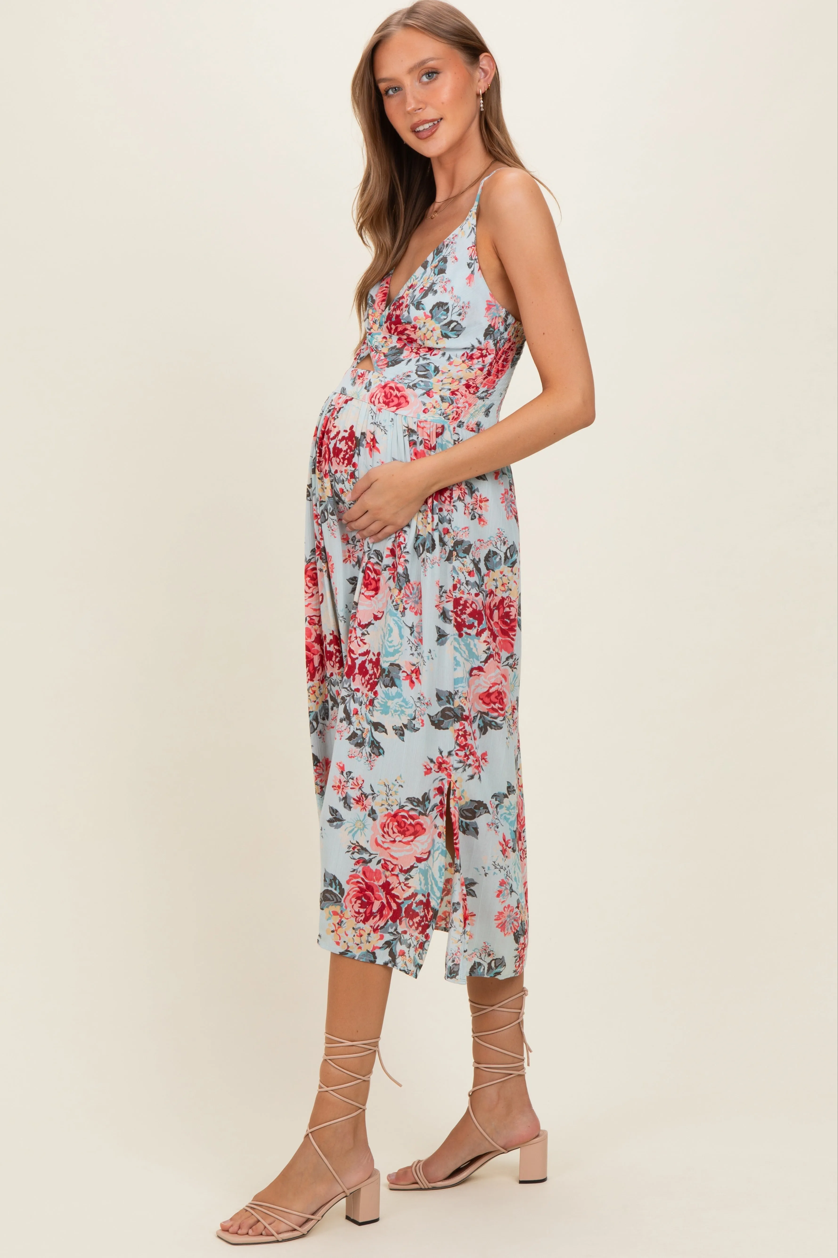 Blue Floral Twisted Front Cutout Maternity Midi Dress sold by Pinkblush product image thumbnail 2