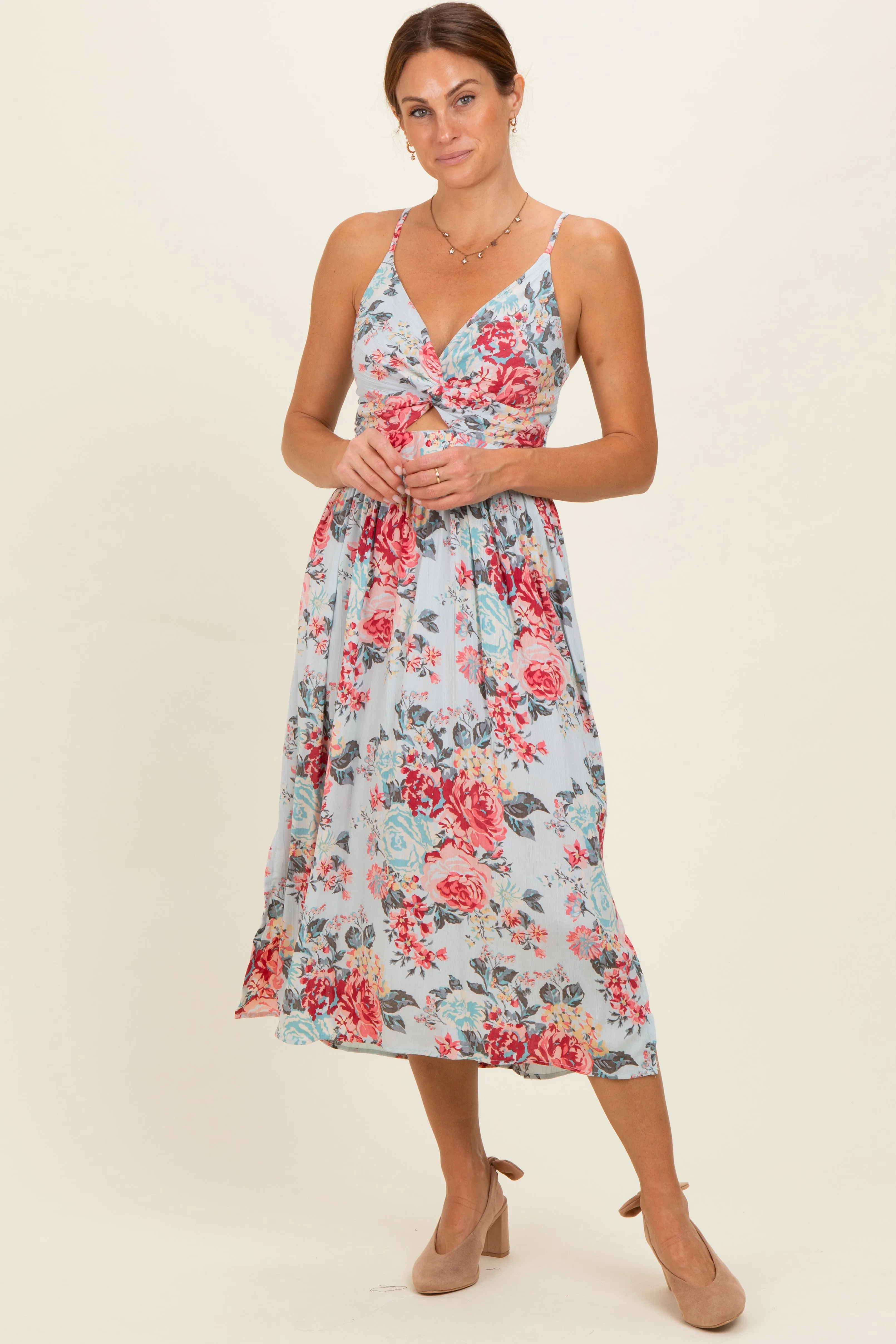 Blue Floral Twisted Front Cutout Maternity Midi Dress sold by Pinkblush product image thumbnail 4