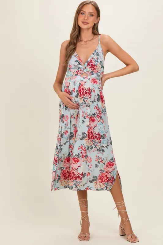 Blue Floral Twisted Front Cutout Maternity Midi Dress made by Angie