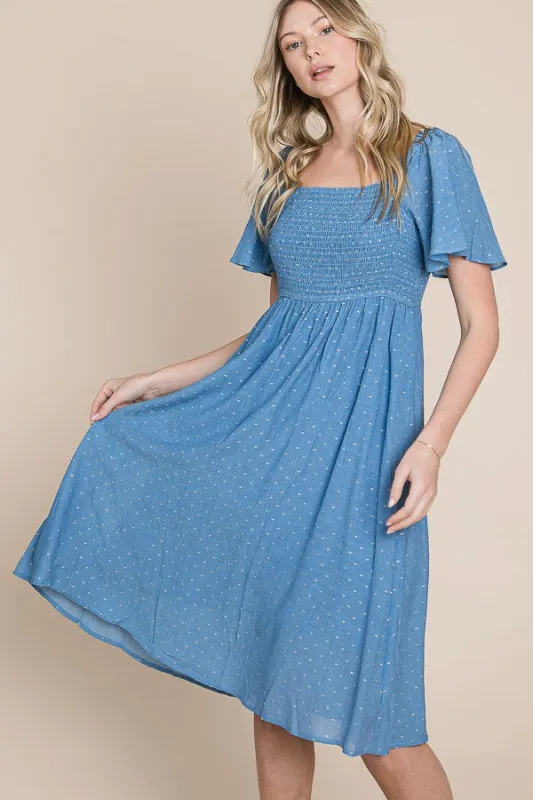Blue Polka Dot Smocked Midi Dress made by Pinkblush