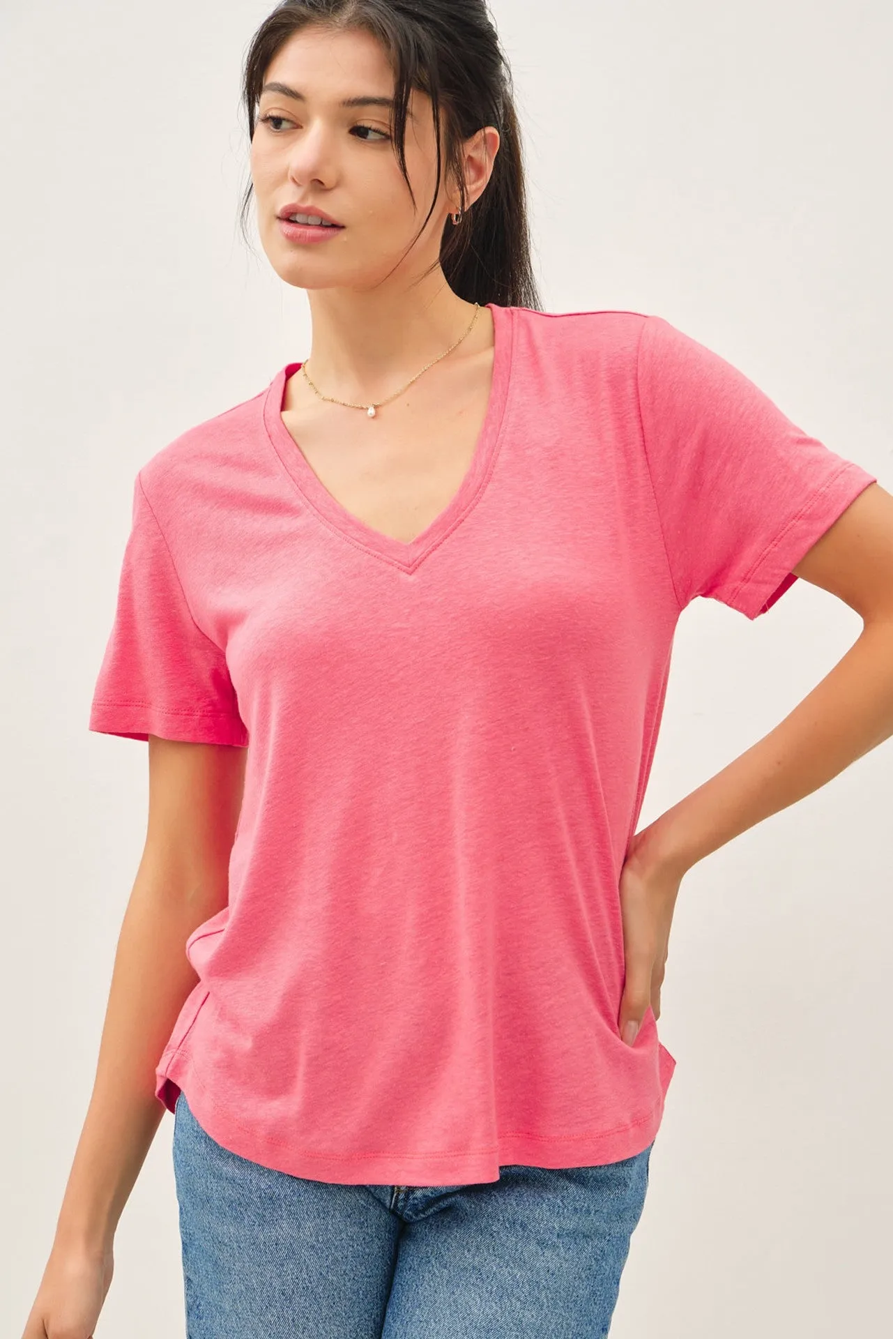 Guava Punch Linen Blend V-Neck Short Sleeve Maternity T-Shirt sold by Pinkblush product image thumbnail 5