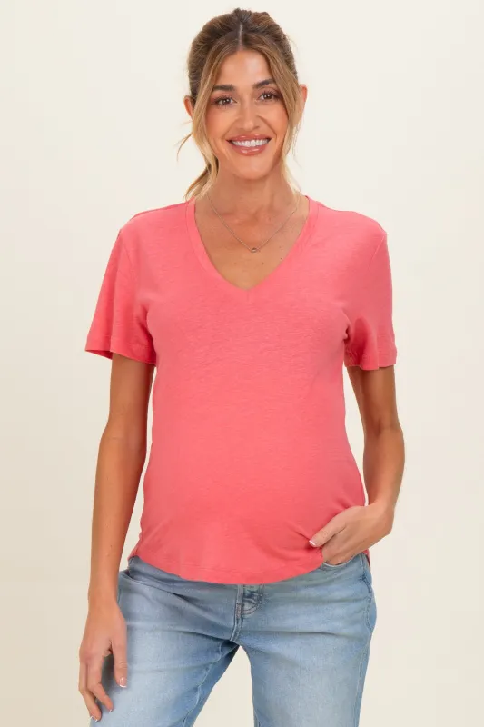 Guava Punch Linen Blend V-Neck Short Sleeve Maternity T-Shirt made by BE COOL