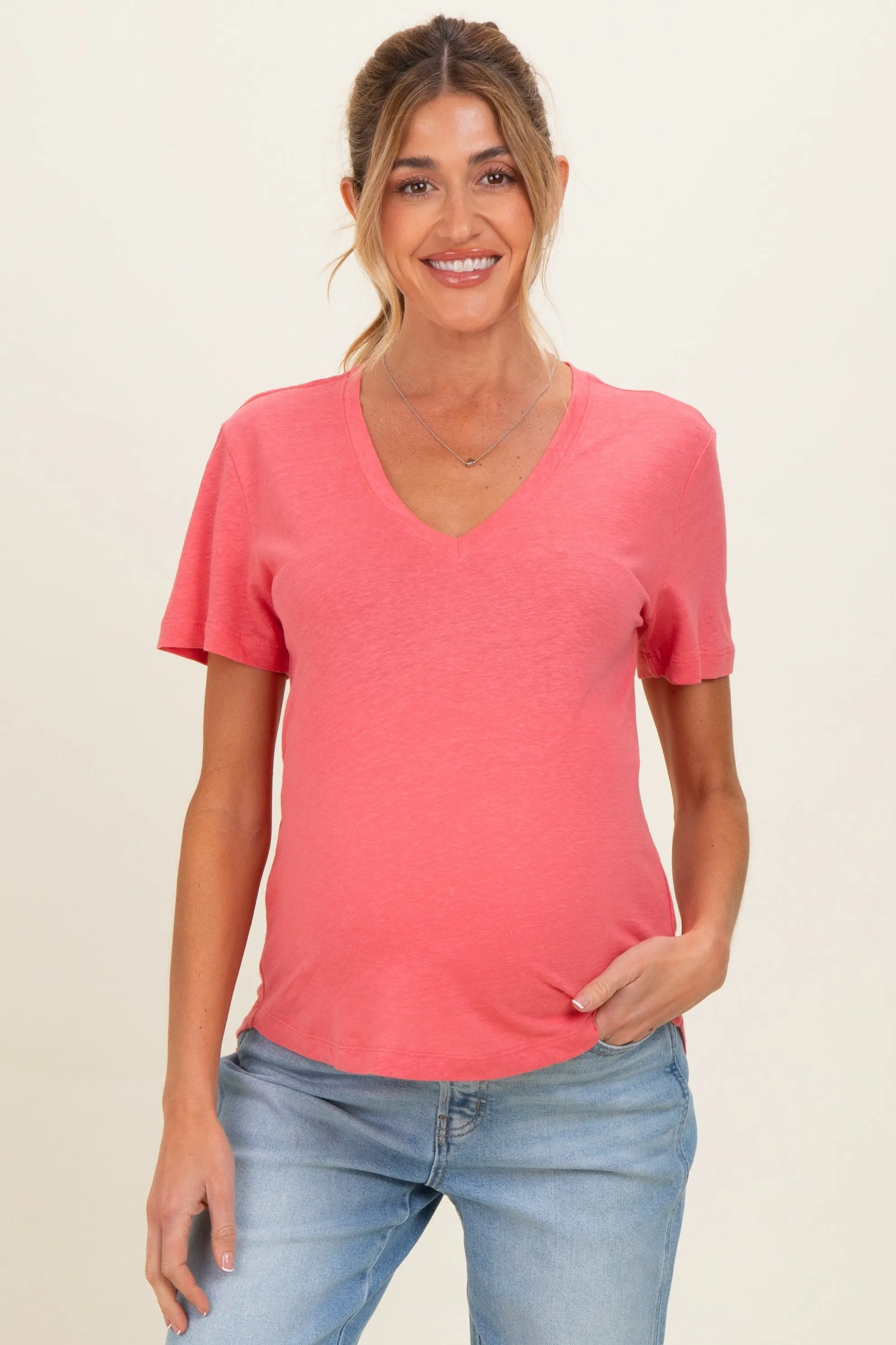 Guava Punch Linen Blend V-Neck Short Sleeve Maternity T-Shirt sold by Pinkblush
