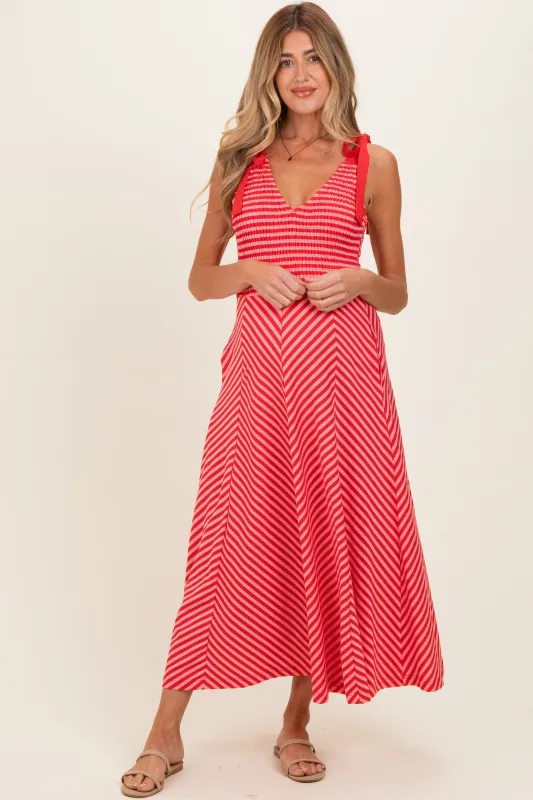 Red Striped Smocked Shoulder Tie Maternity Midi Dress made by entro