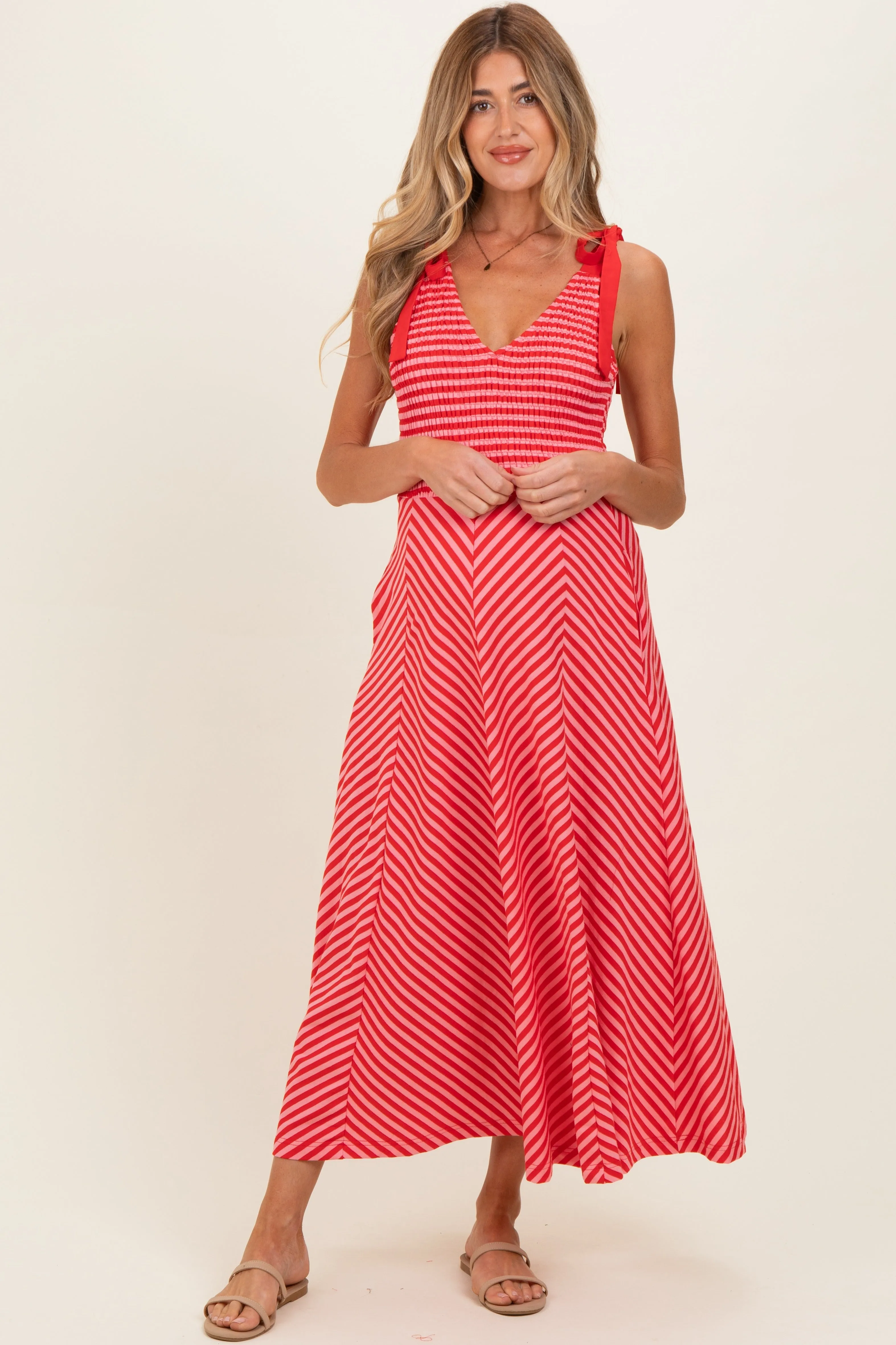 Red Striped Smocked Shoulder Tie Maternity Midi Dress sold by Pinkblush