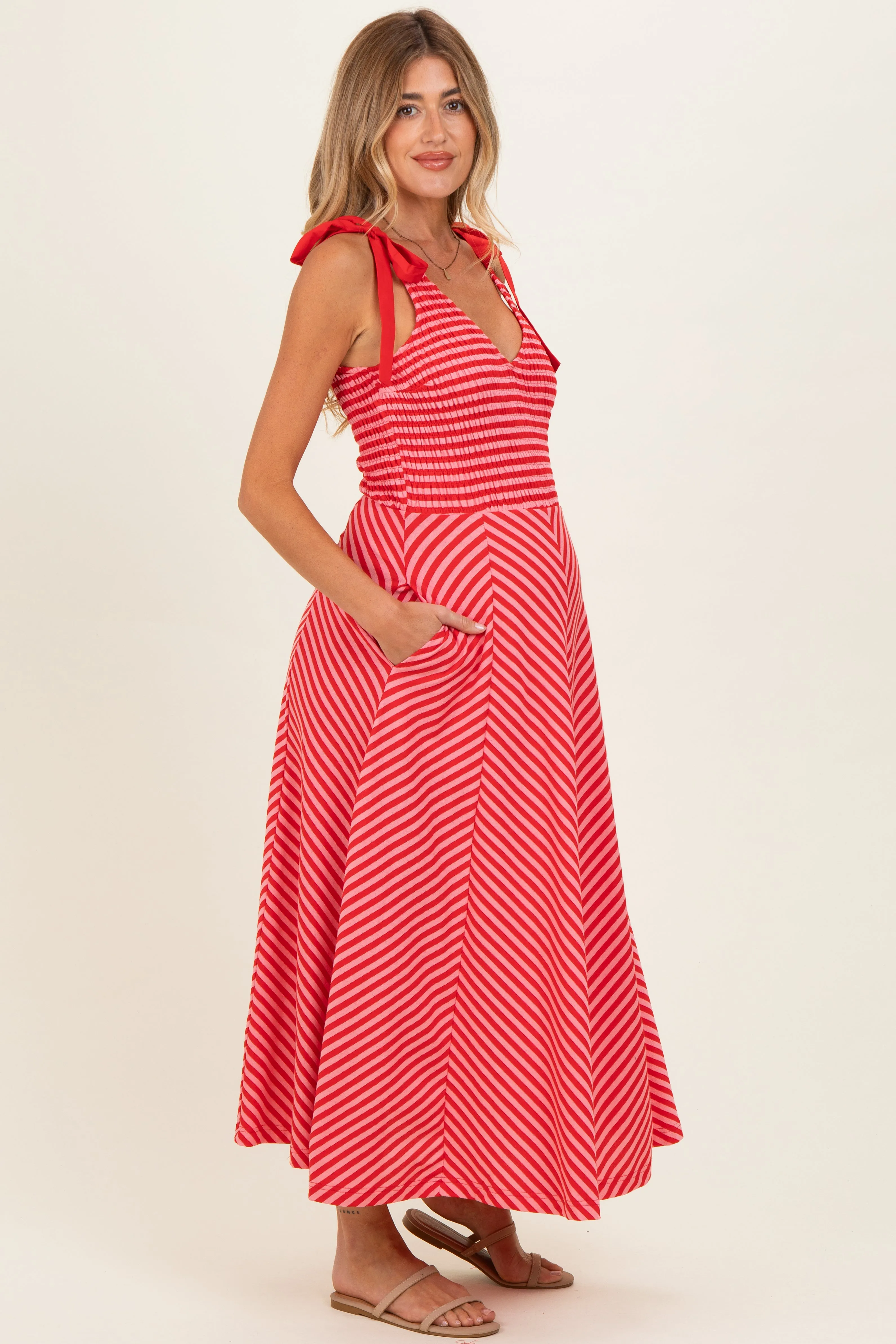 Red Striped Smocked Shoulder Tie Maternity Midi Dress sold by Pinkblush product image thumbnail 2