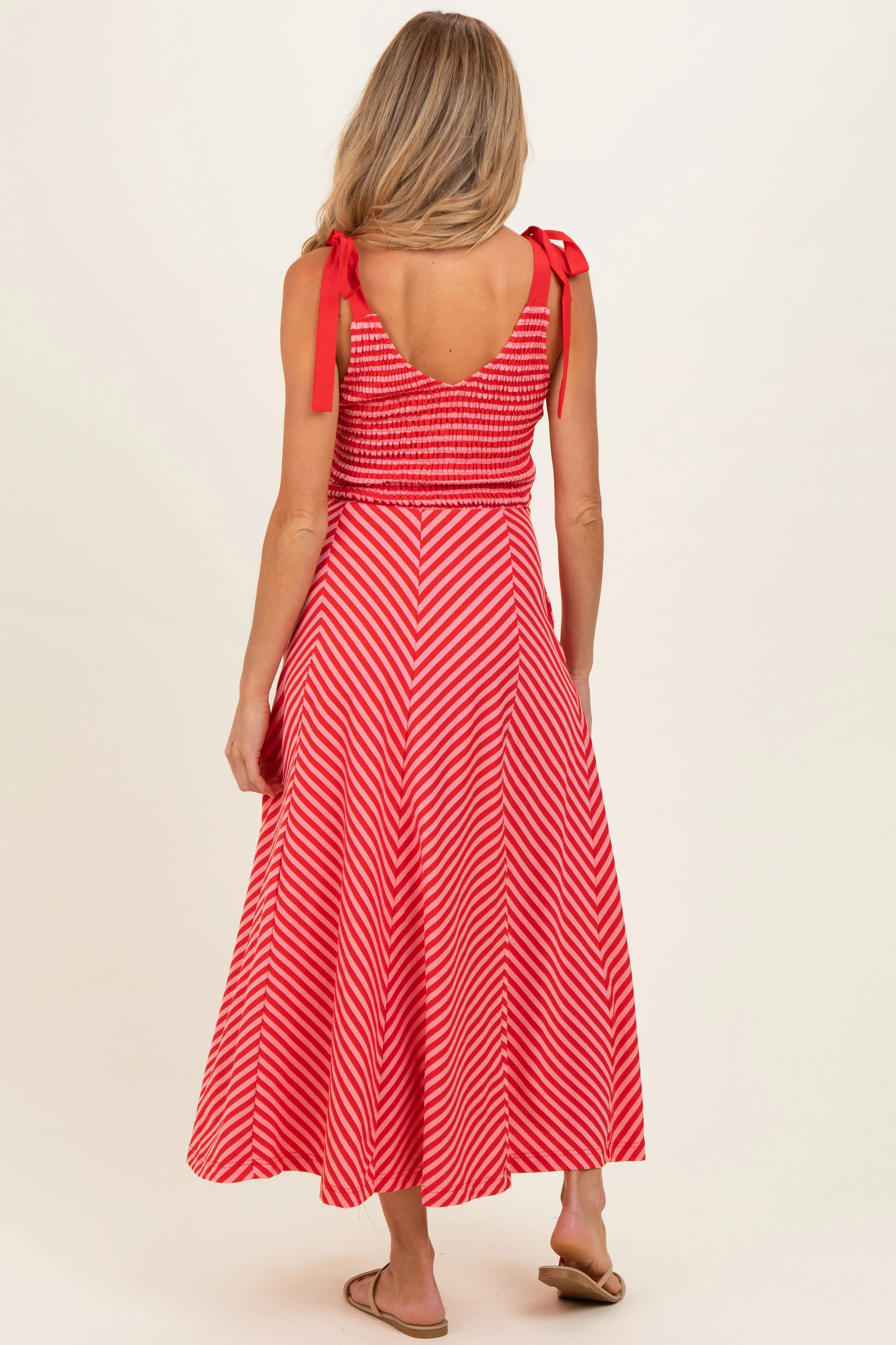 Red Striped Smocked Shoulder Tie Maternity Midi Dress sold by Pinkblush product image thumbnail 3
