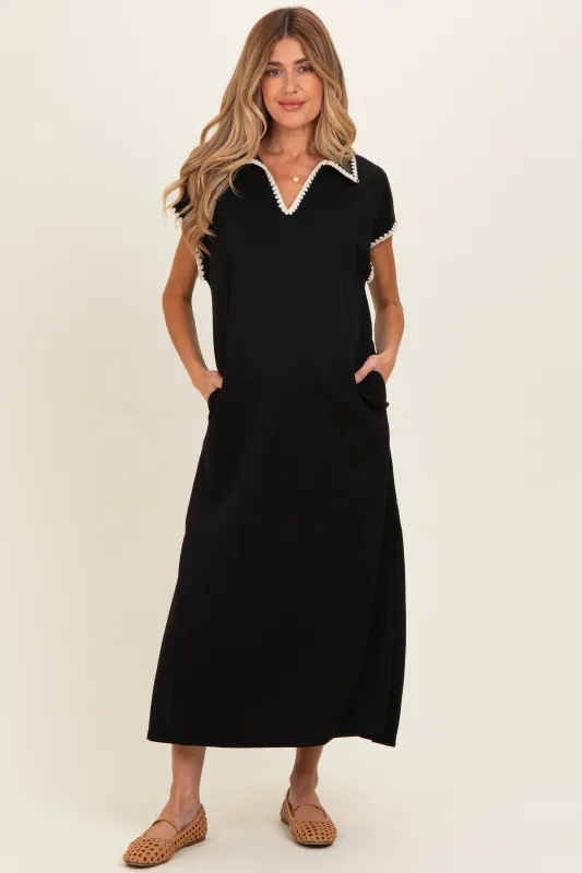 Black Stitch Detail Collared Maternity Midi Dress made by entro