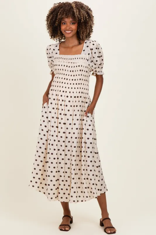 Ecru Polka Dot Smocked Maternity Midi Dress made by entro