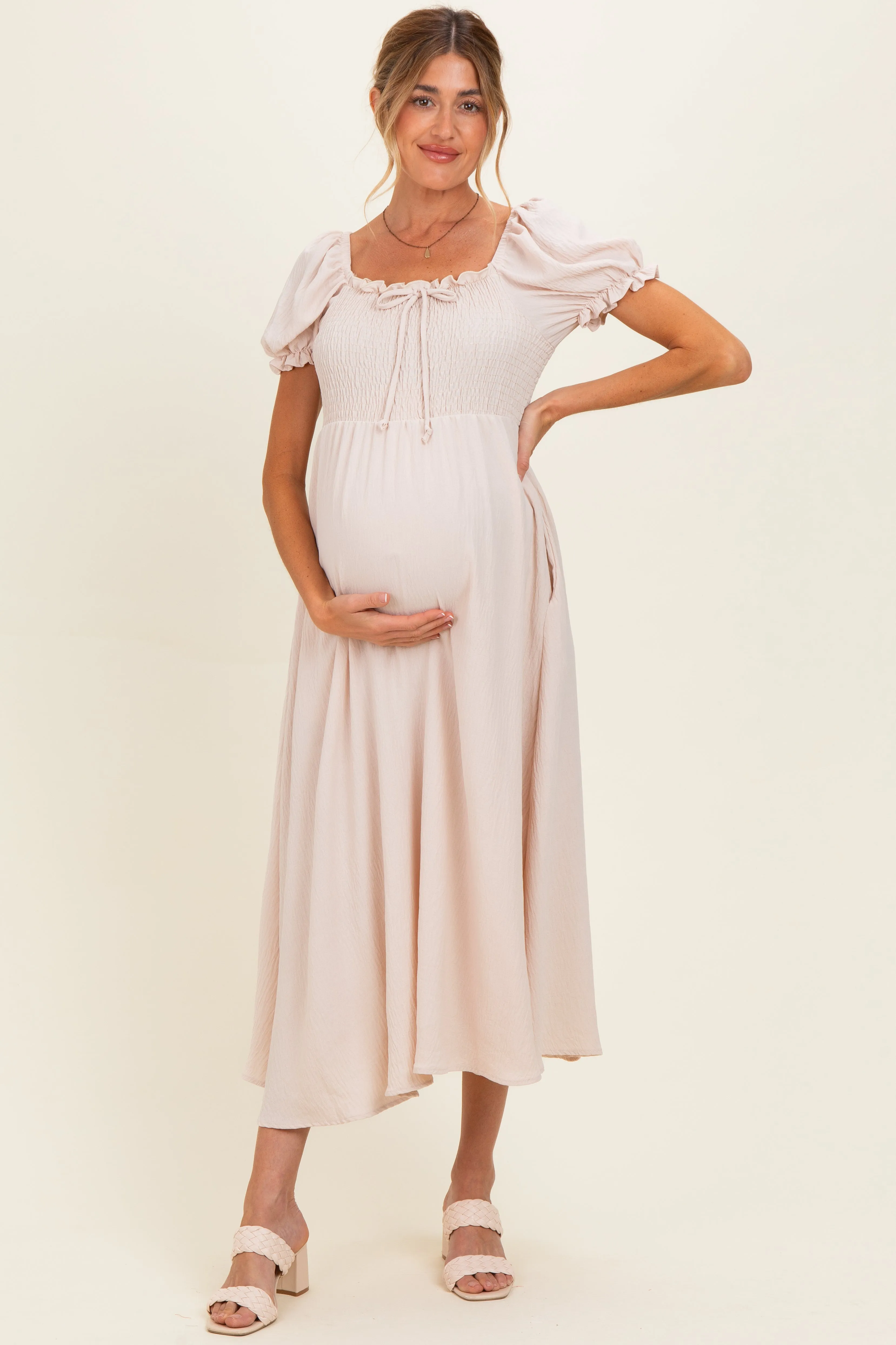 Beige Square Neck Puff Sleeve Maternity Midi Dress sold by Pinkblush product image thumbnail 2