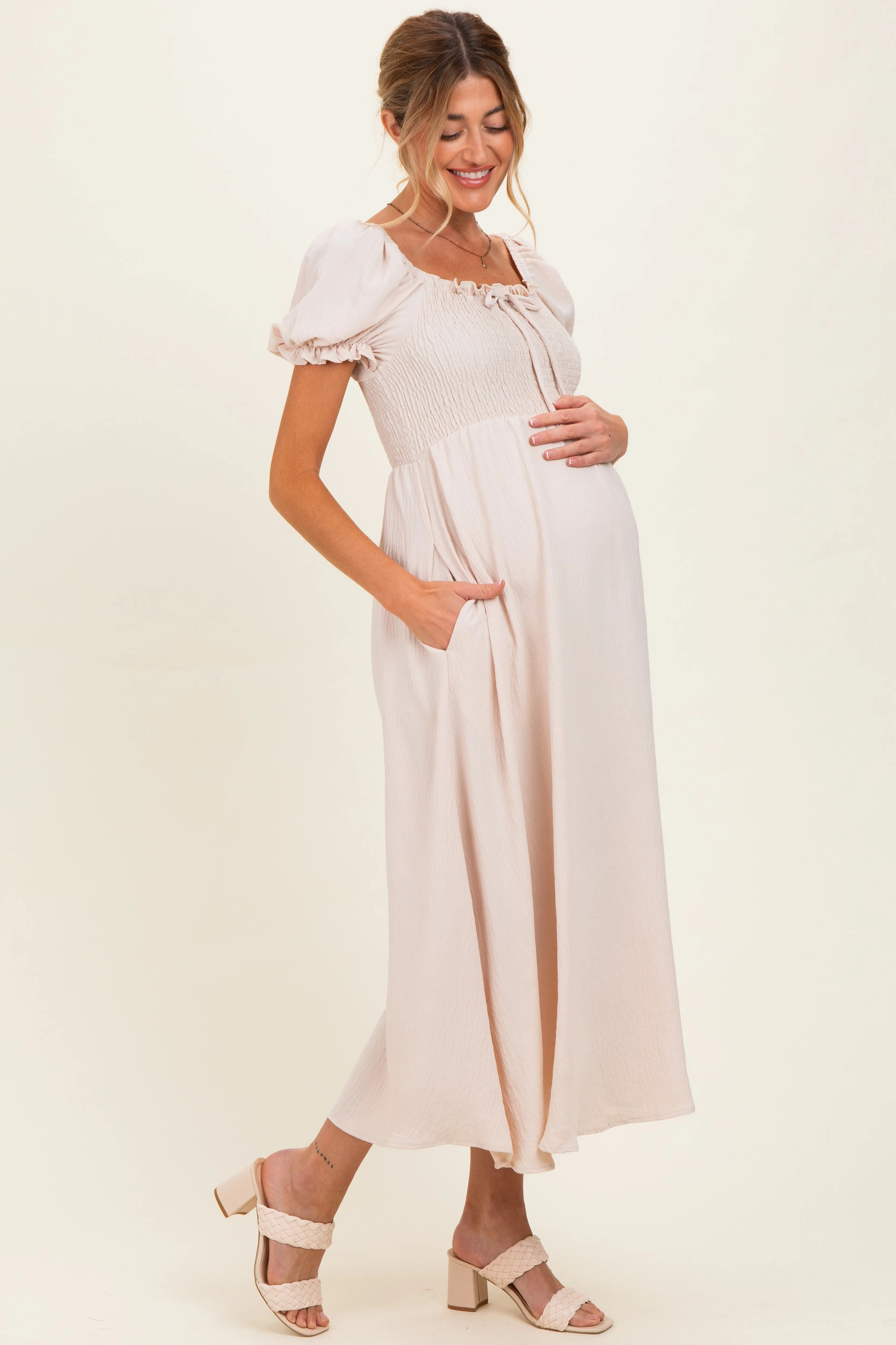 Beige Square Neck Puff Sleeve Maternity Midi Dress sold by Pinkblush product image thumbnail 3