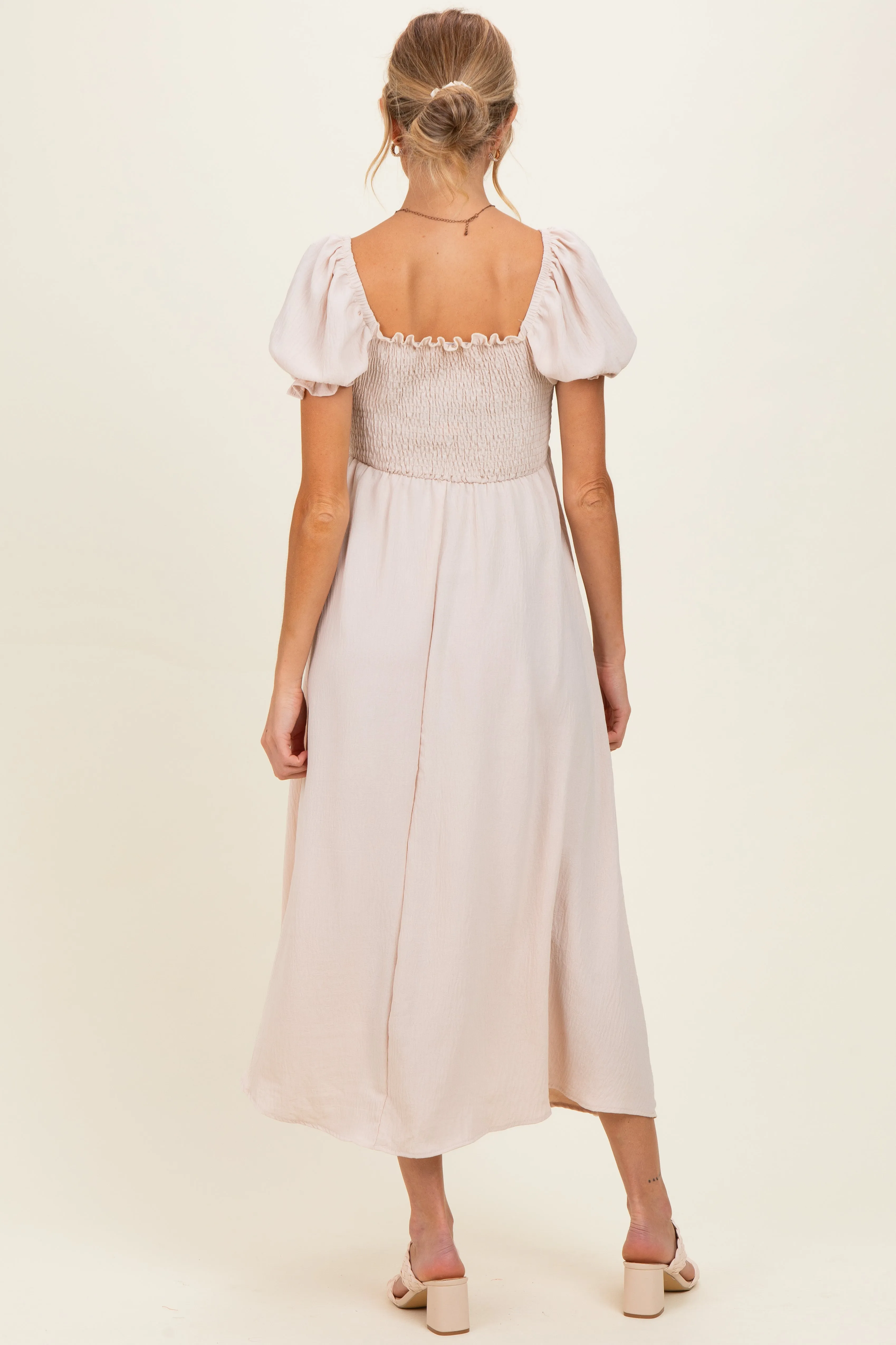 Beige Square Neck Puff Sleeve Maternity Midi Dress sold by Pinkblush product image thumbnail 4