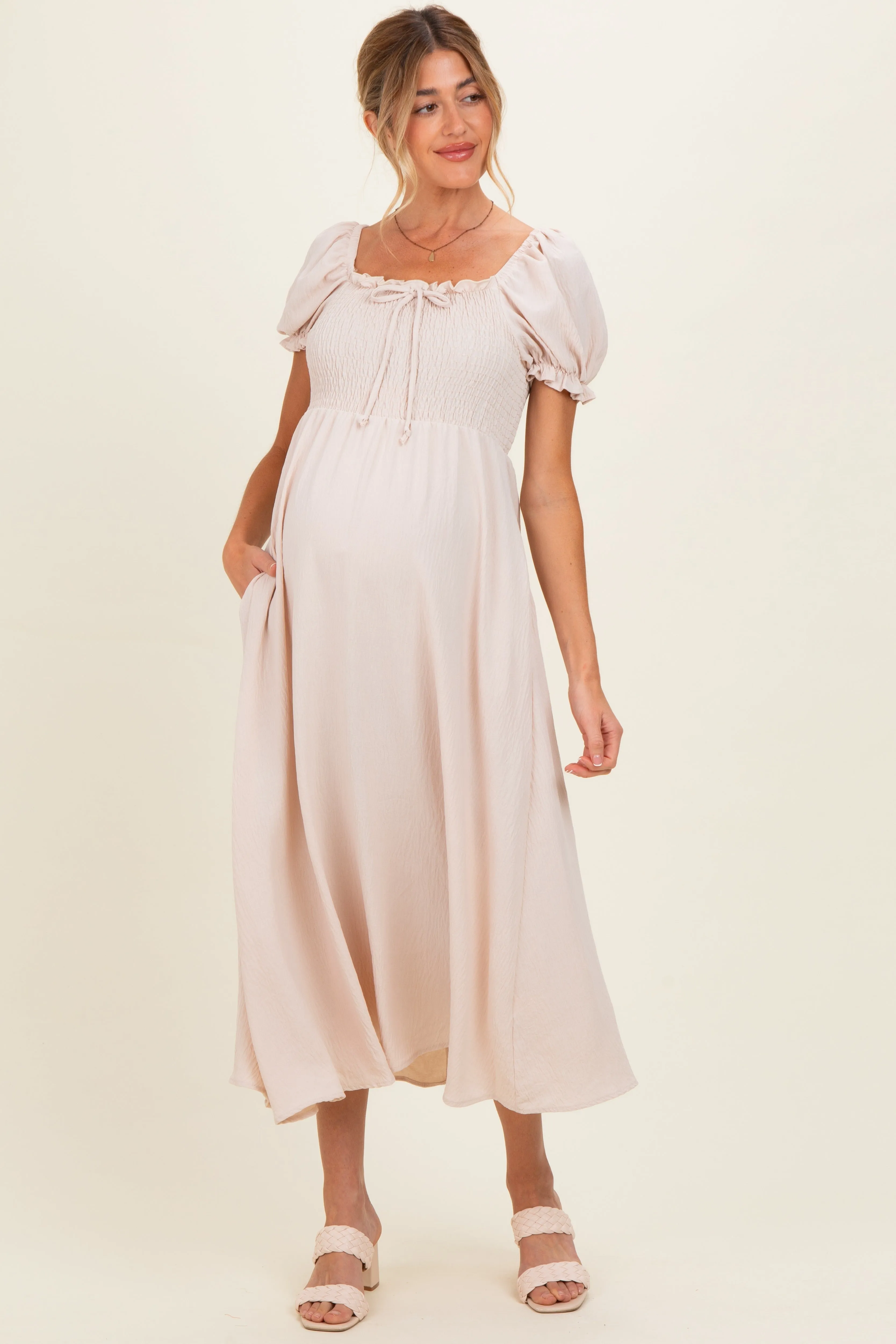 Beige Square Neck Puff Sleeve Maternity Midi Dress sold by Pinkblush