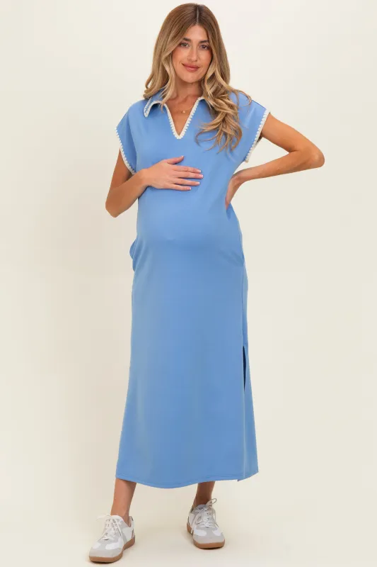 Blue Stitch Detail Collared Maternity Midi Dress made by entro