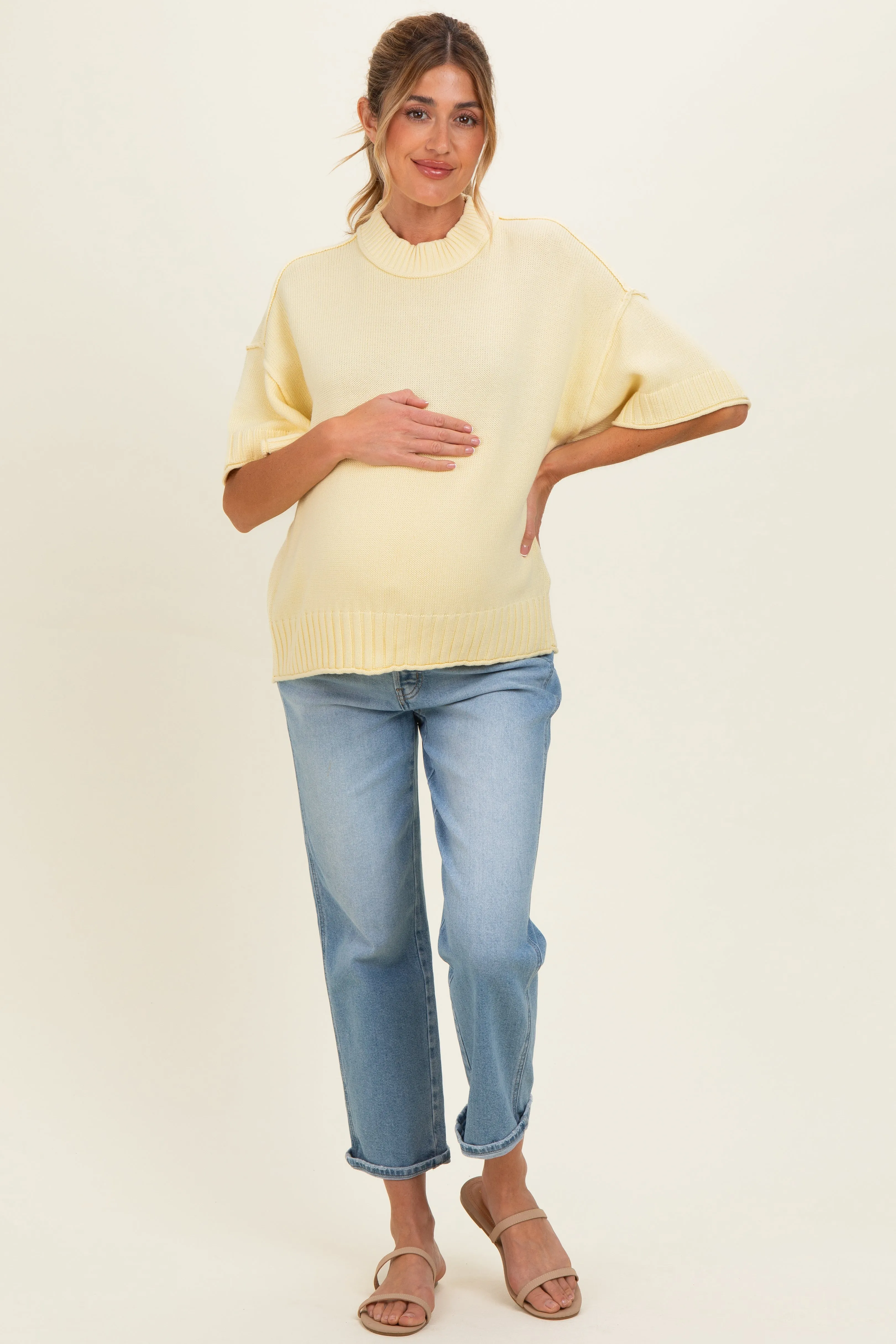 Banana Cream Oversized Mock Neck Short Sleeve Maternity Sweater sold by Pinkblush product image thumbnail 2