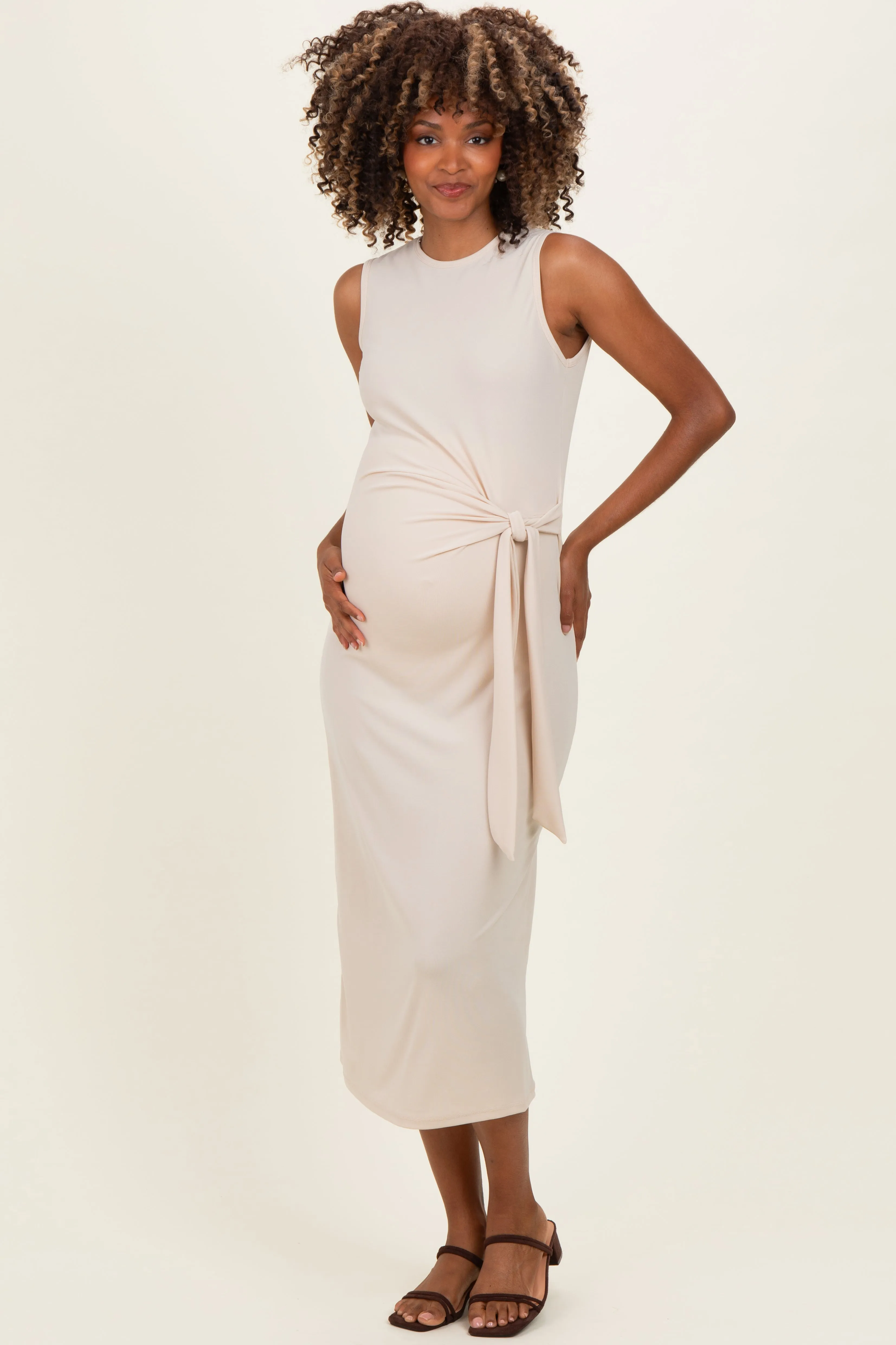 Beige Sleeveless Waist Tie Maternity Midi Dress sold by Pinkblush product image thumbnail 3