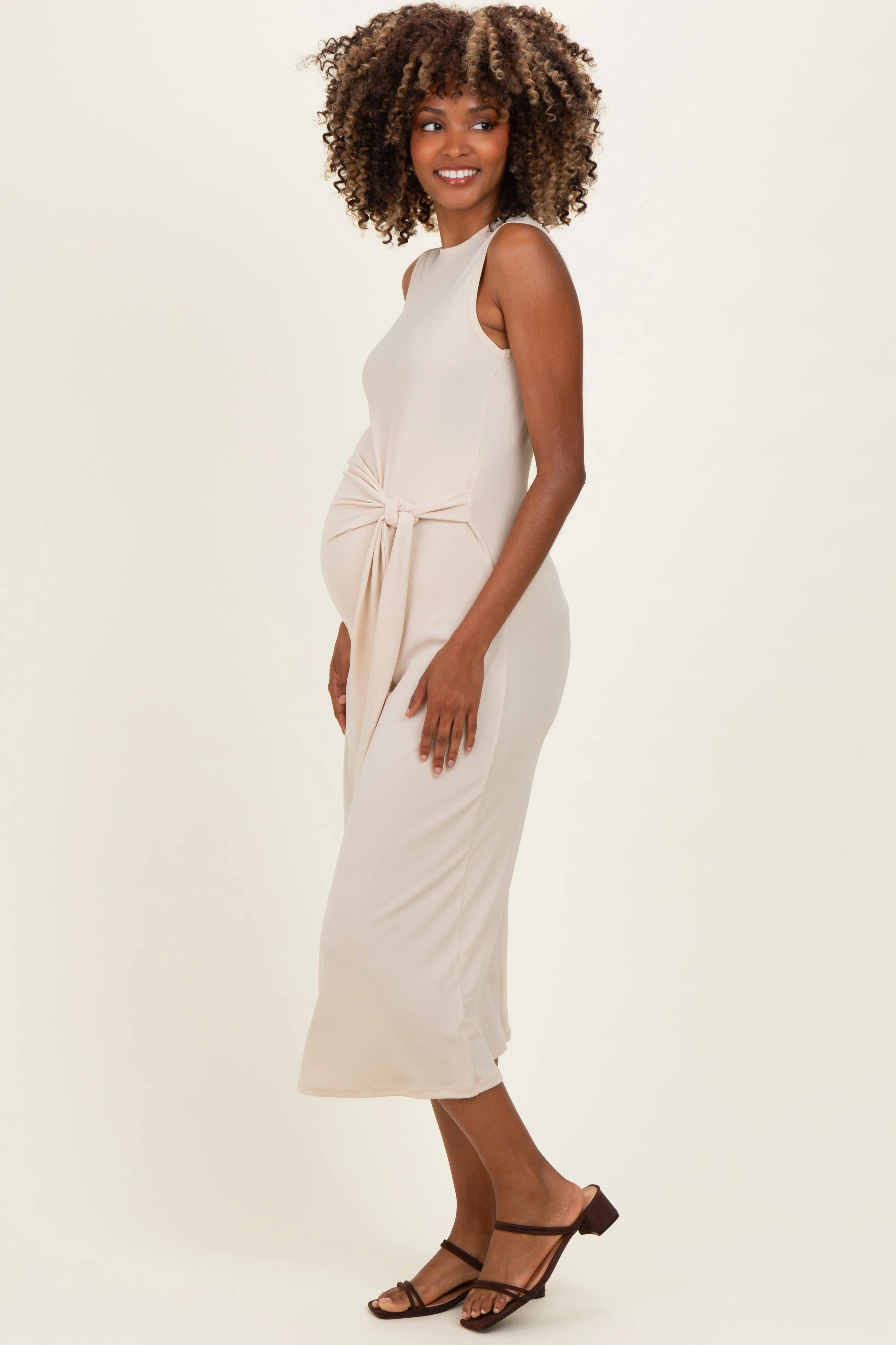 Beige Sleeveless Waist Tie Maternity Midi Dress sold by Pinkblush product image thumbnail 4