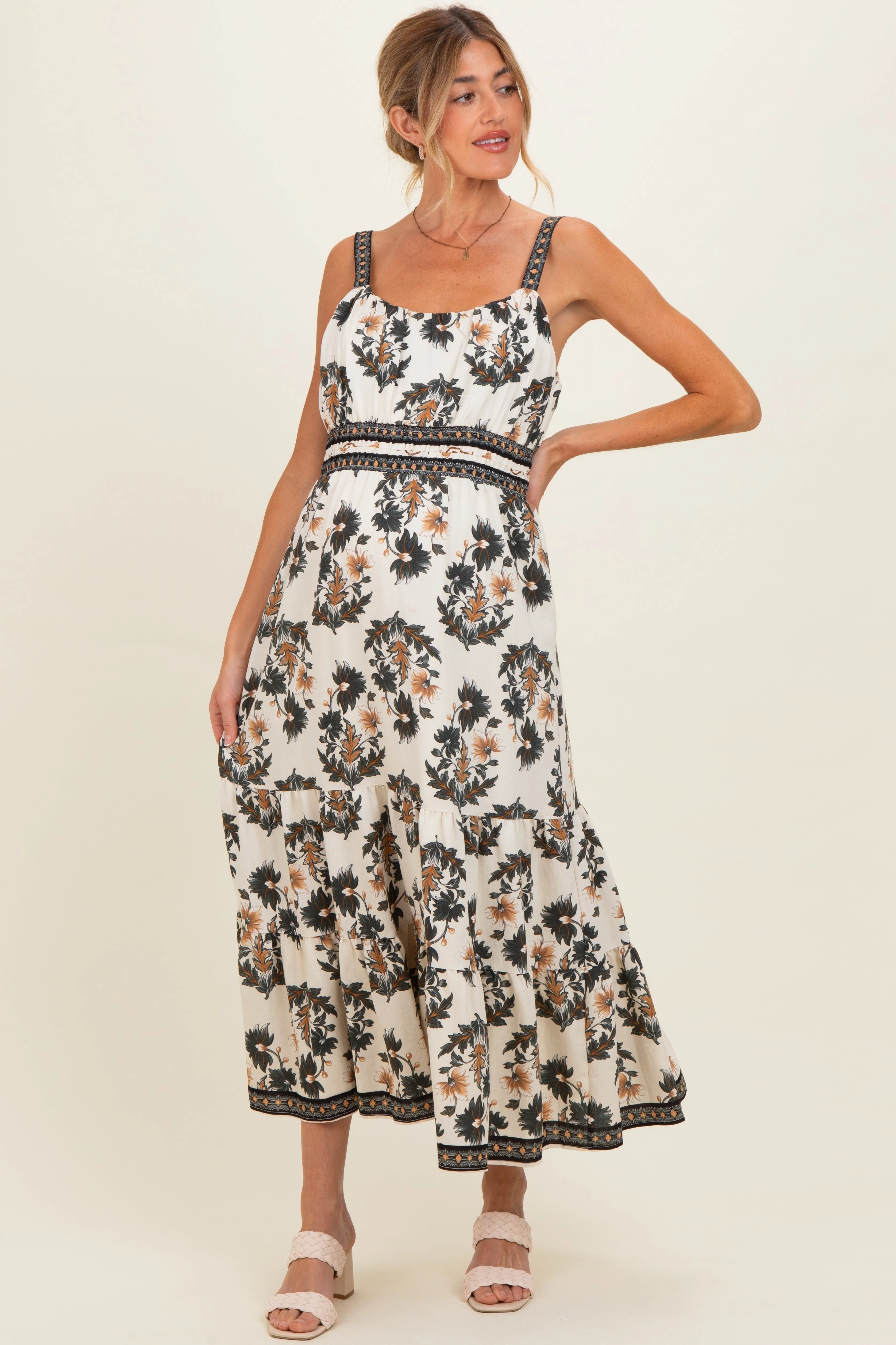 Black Floral Sleeveless Tiered Maternity Maxi Dress sold by Pinkblush