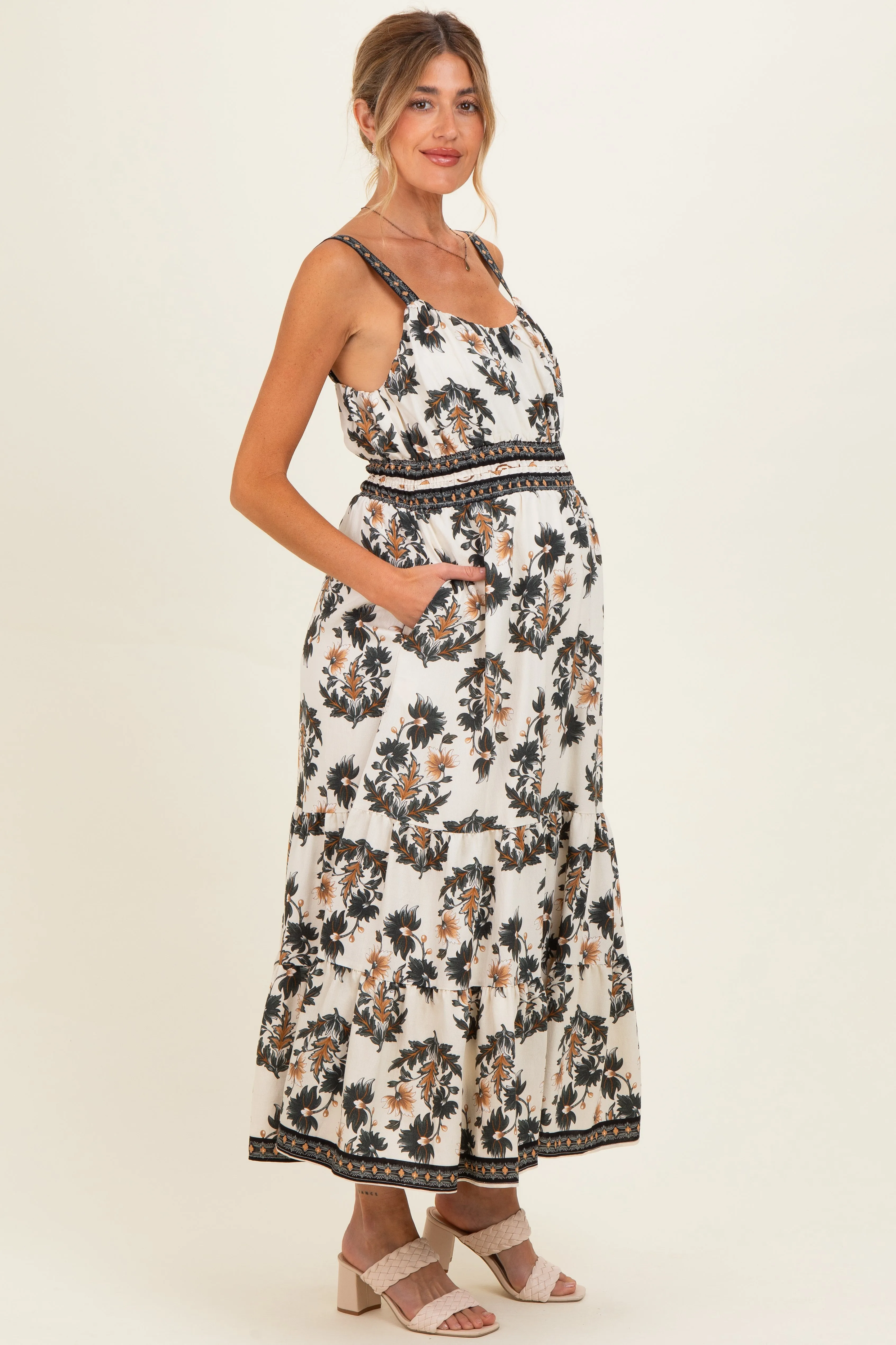 Black Floral Sleeveless Tiered Maternity Maxi Dress sold by Pinkblush product image thumbnail 2