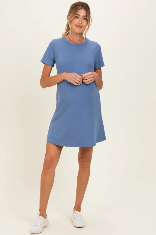 Blue Ribbed Knit Basic Short Sleeve Maternity T-Shirt Dress made by Pinkblush