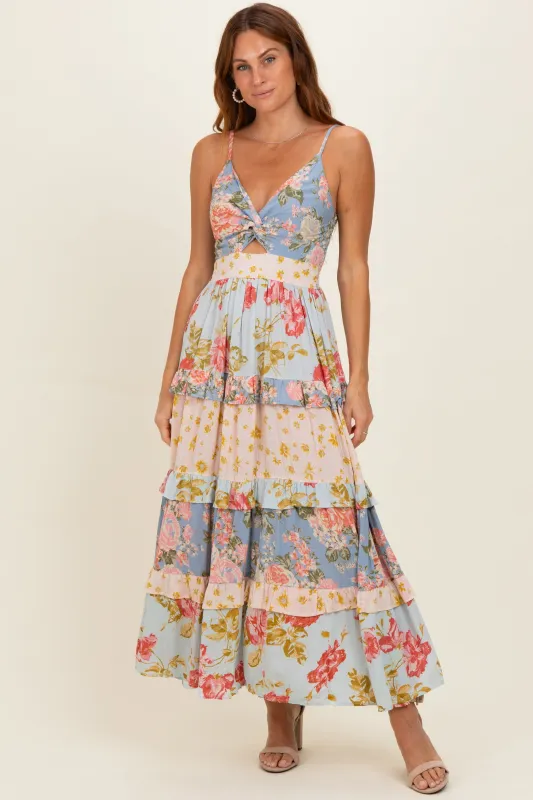 Multi V Neck Twist Front Tiered Maxi Dress made by Angie