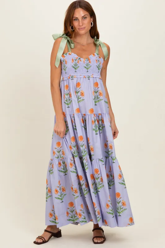 Lavender Floral Sweetheart Neckline Smocked Maxi Dress made by Pinkblush