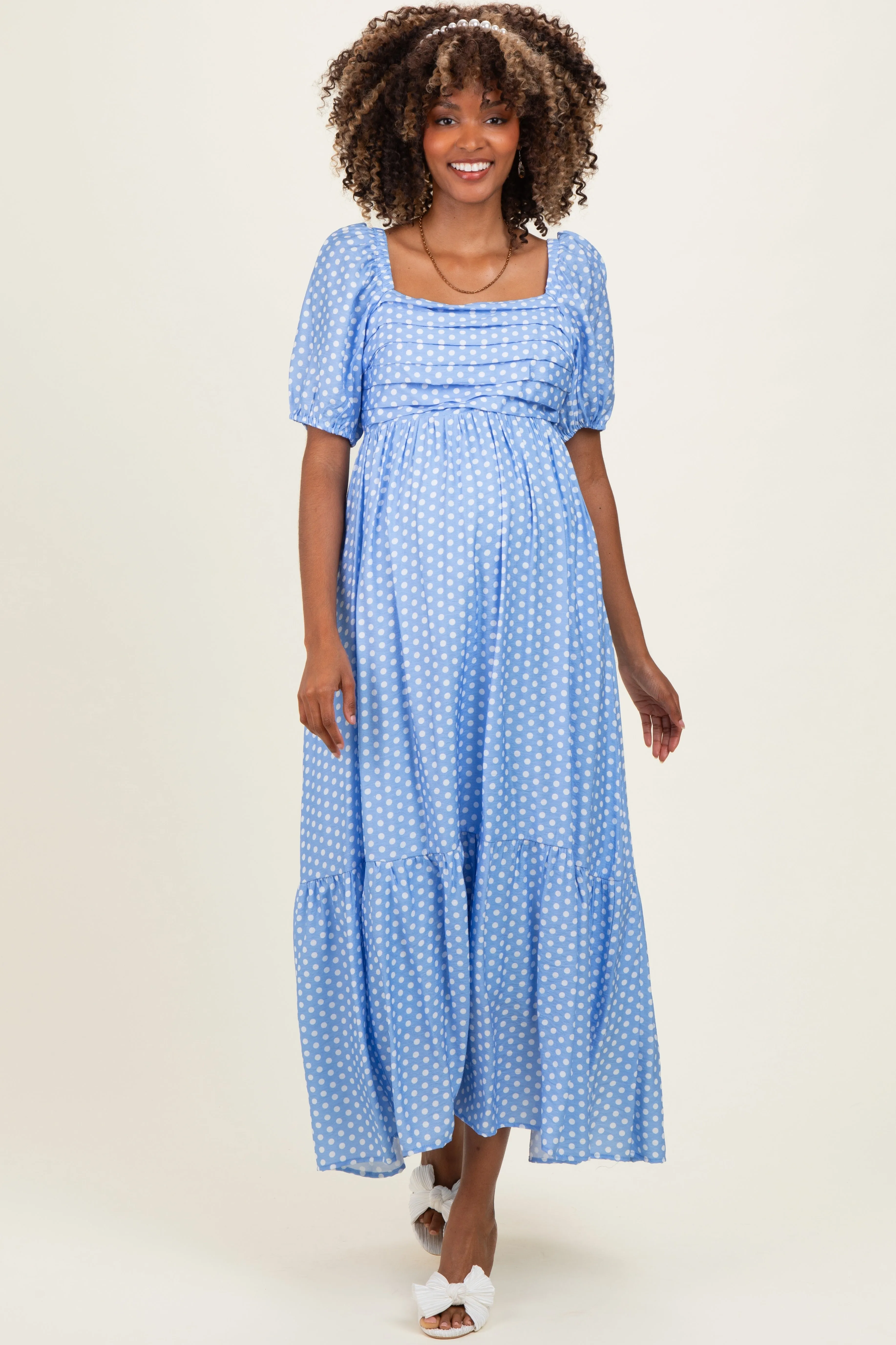 Blue Pleated Polka Dot Maternity Maxi Dress sold by Pinkblush