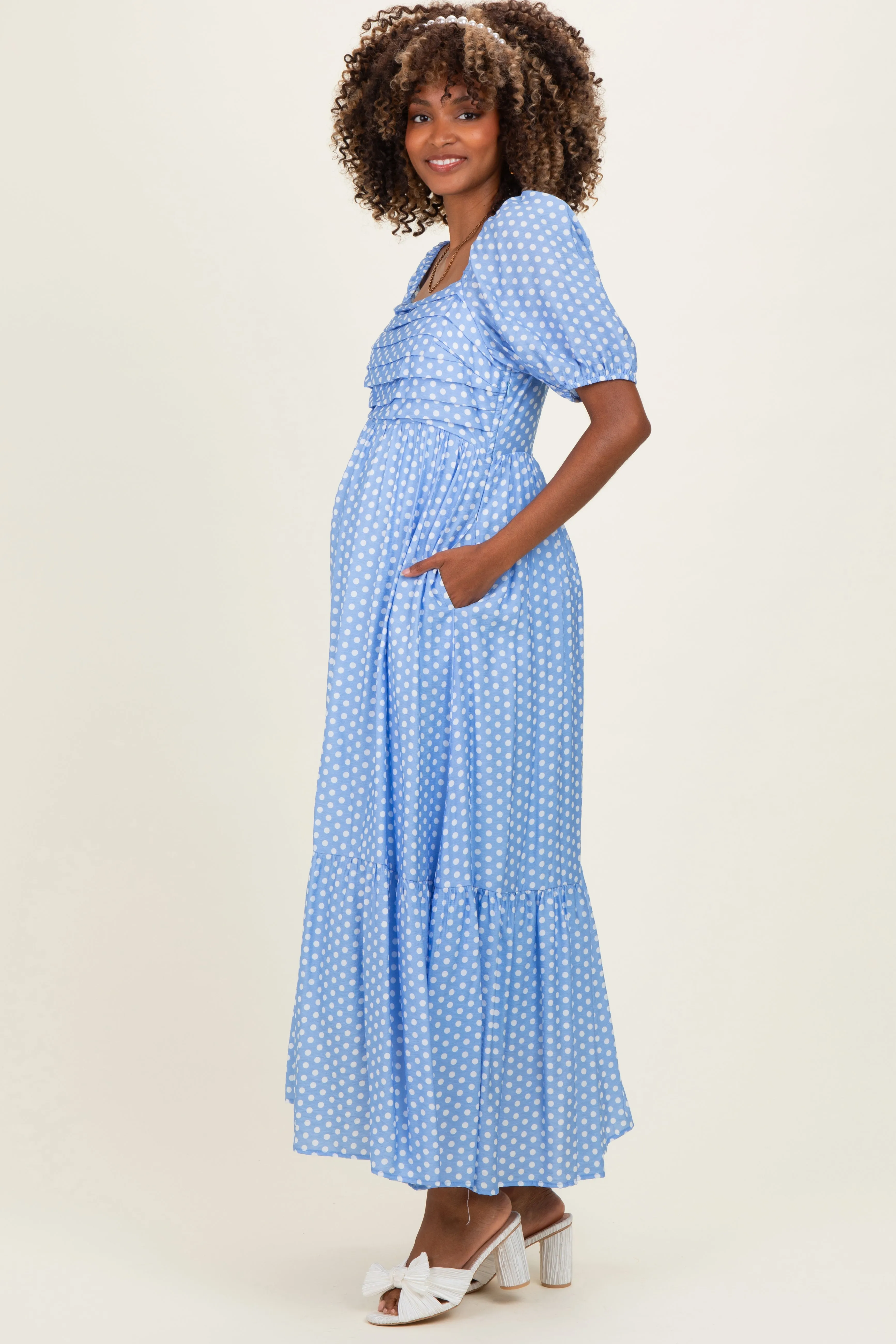 Blue Pleated Polka Dot Maternity Maxi Dress sold by Pinkblush product image thumbnail 2