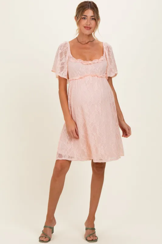 Peach Floral Lace Square Neck Ruffle Trim Maternity Maxi Dress made by Pinkblush