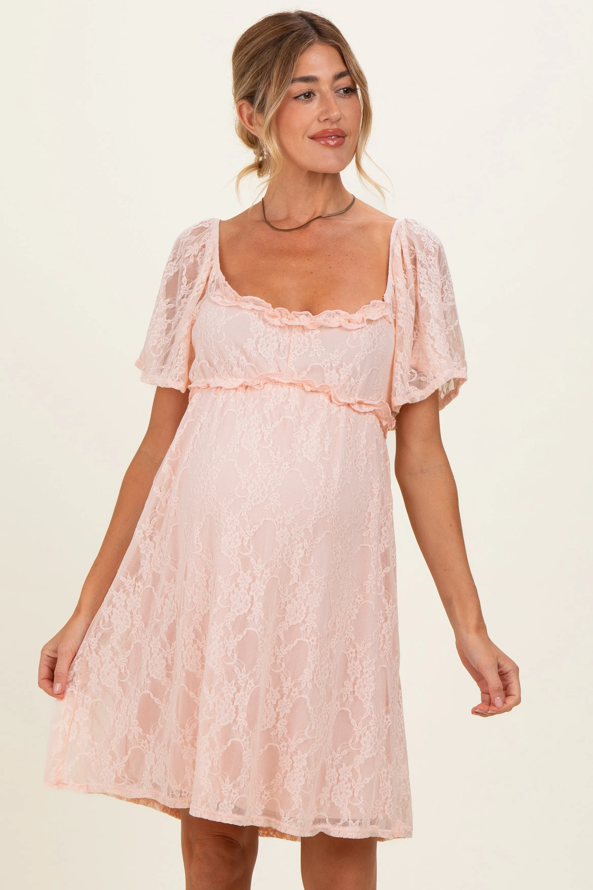 Peach Floral Lace Square Neck Ruffle Trim Maternity Maxi Dress sold by Pinkblush product image thumbnail 3