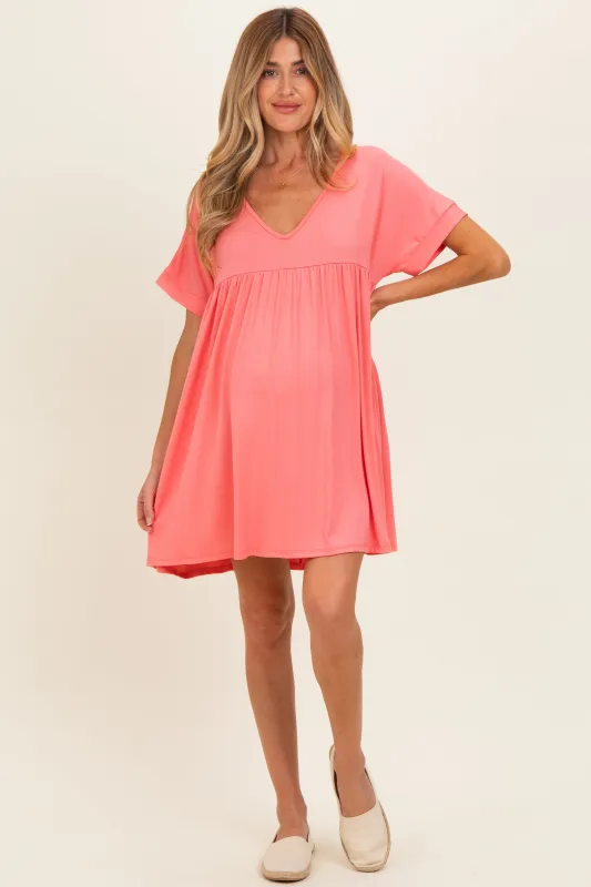 Coral V-Neck Basic Maternity Dress made by Pinkblush
