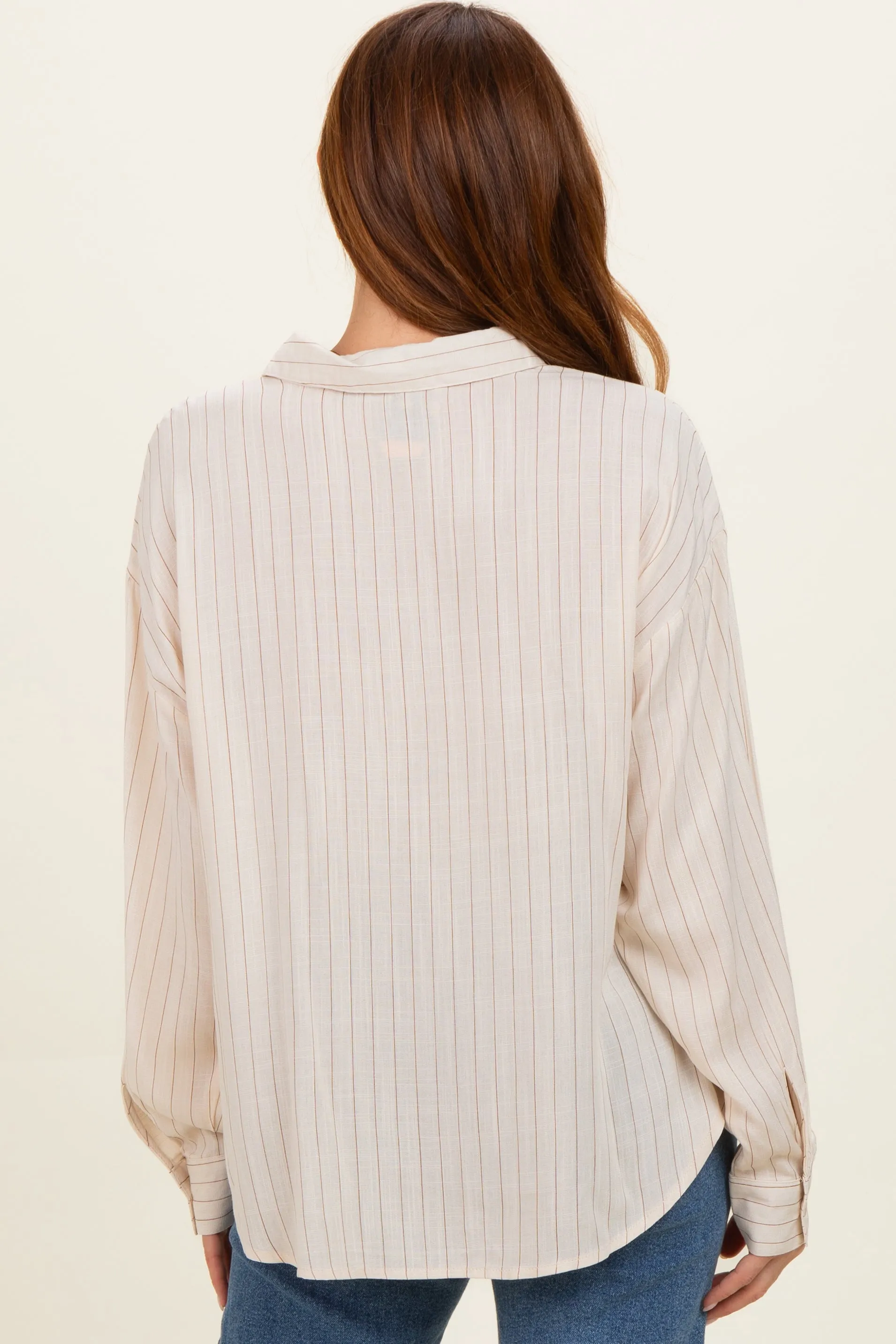 Light Taupe Brown Striped Relaxed Button-Up Shirt sold by Pinkblush product image thumbnail 4