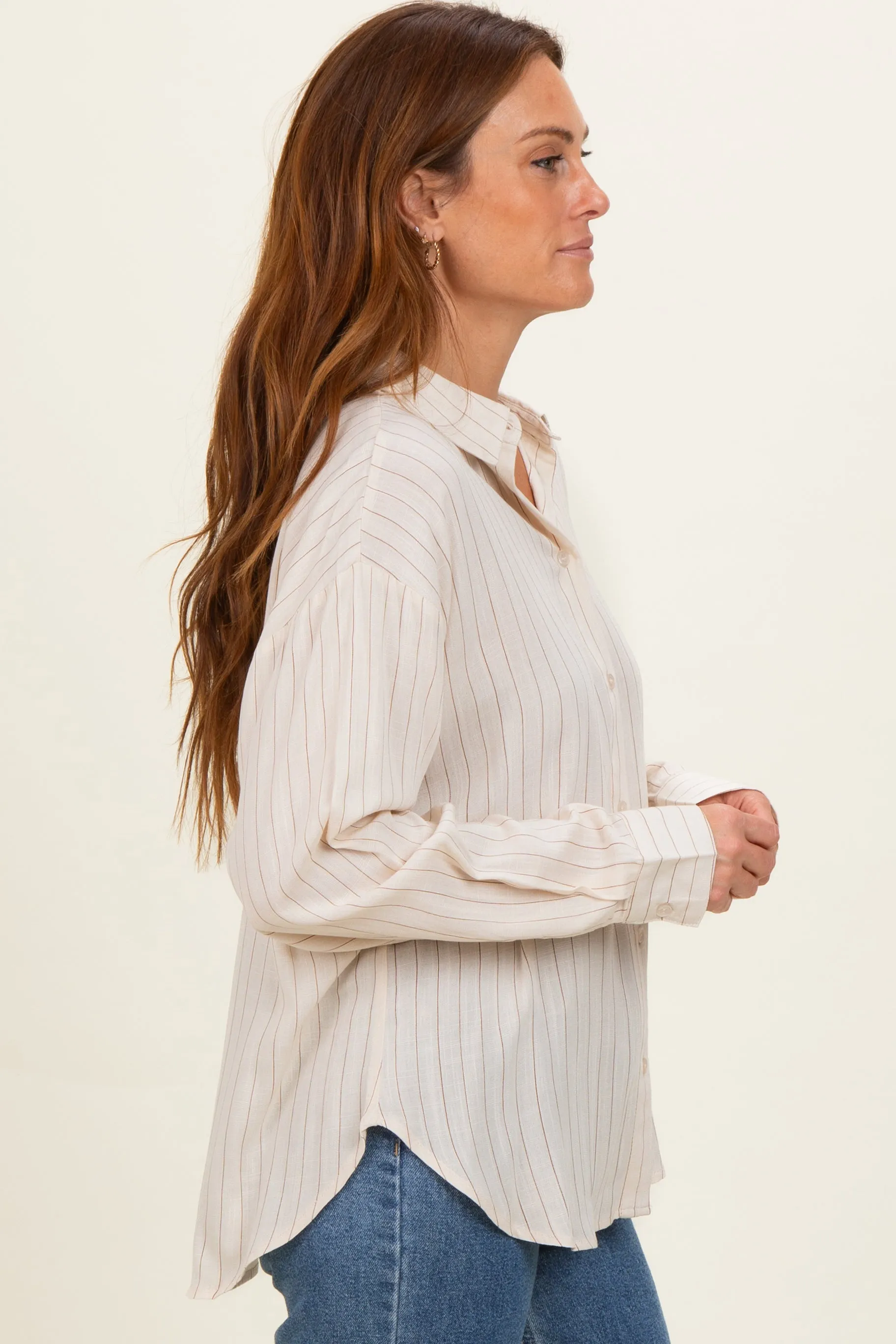 Light Taupe Brown Striped Relaxed Button-Up Shirt sold by Pinkblush product image thumbnail 3