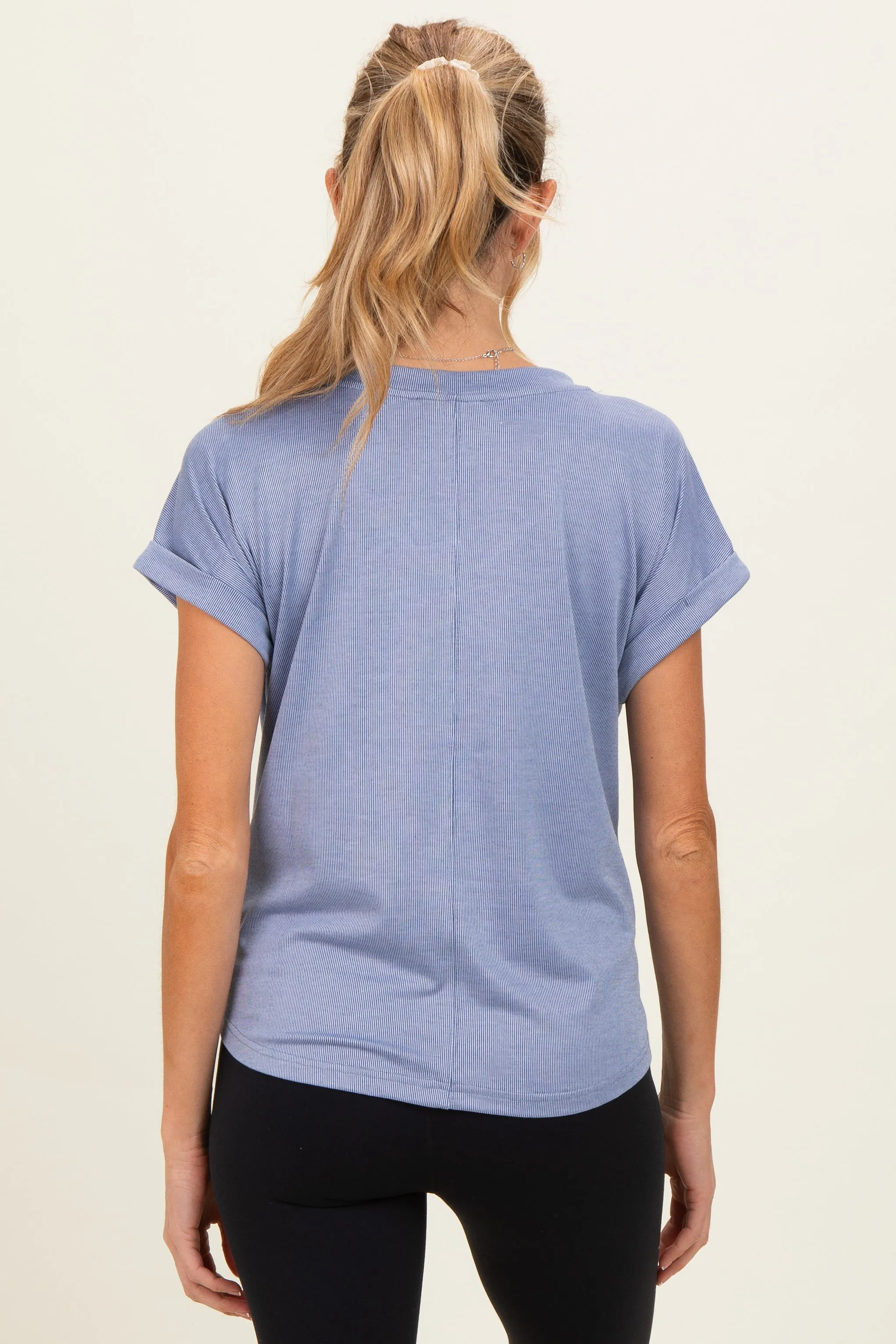 Blue Ribbed V-Neck Short Sleeve Maternity Top sold by Pinkblush product image thumbnail 4
