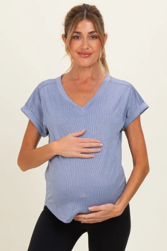 Blue Ribbed V-Neck Short Sleeve Maternity Top made by Staccato