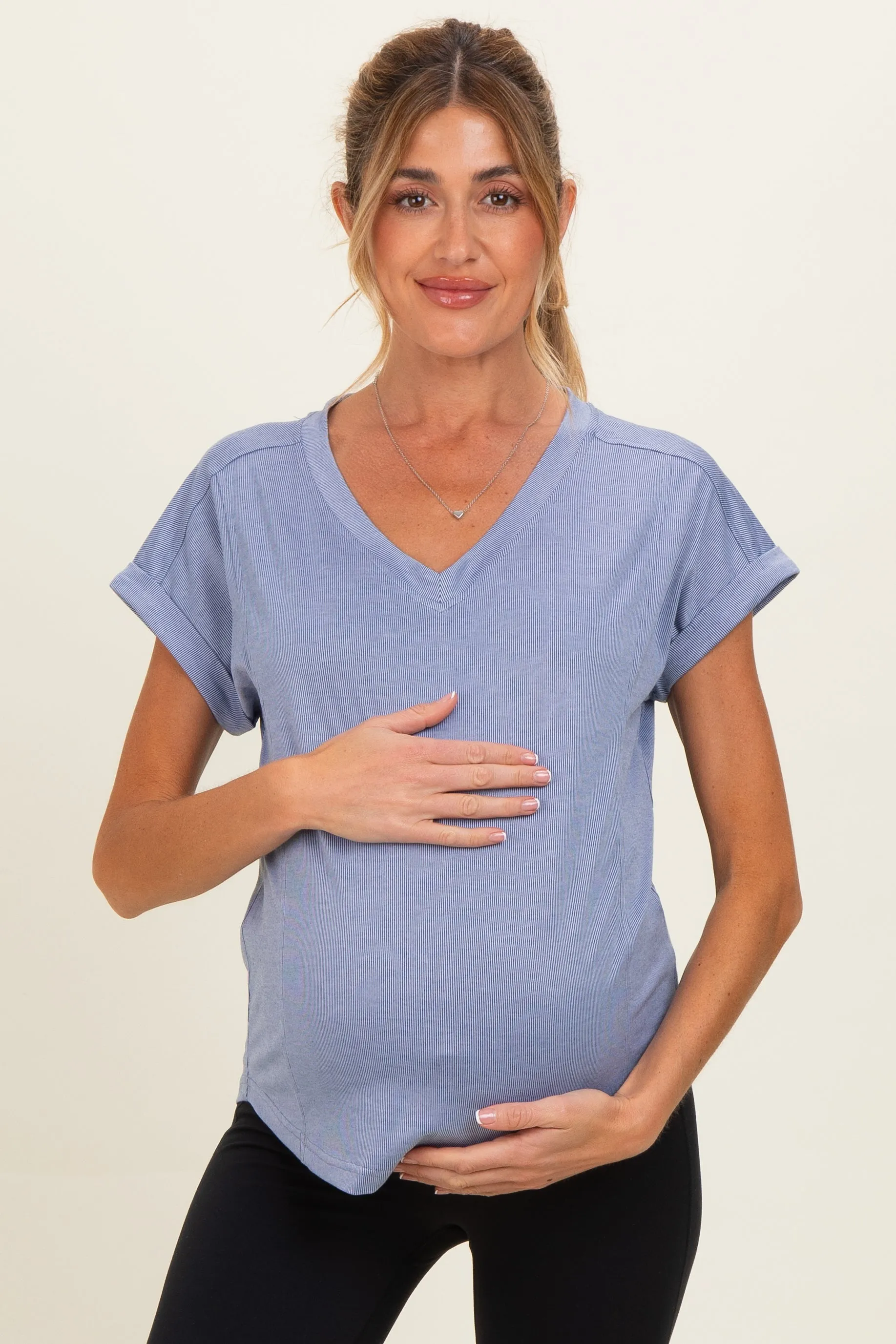 Blue Ribbed V-Neck Short Sleeve Maternity Top sold by Pinkblush