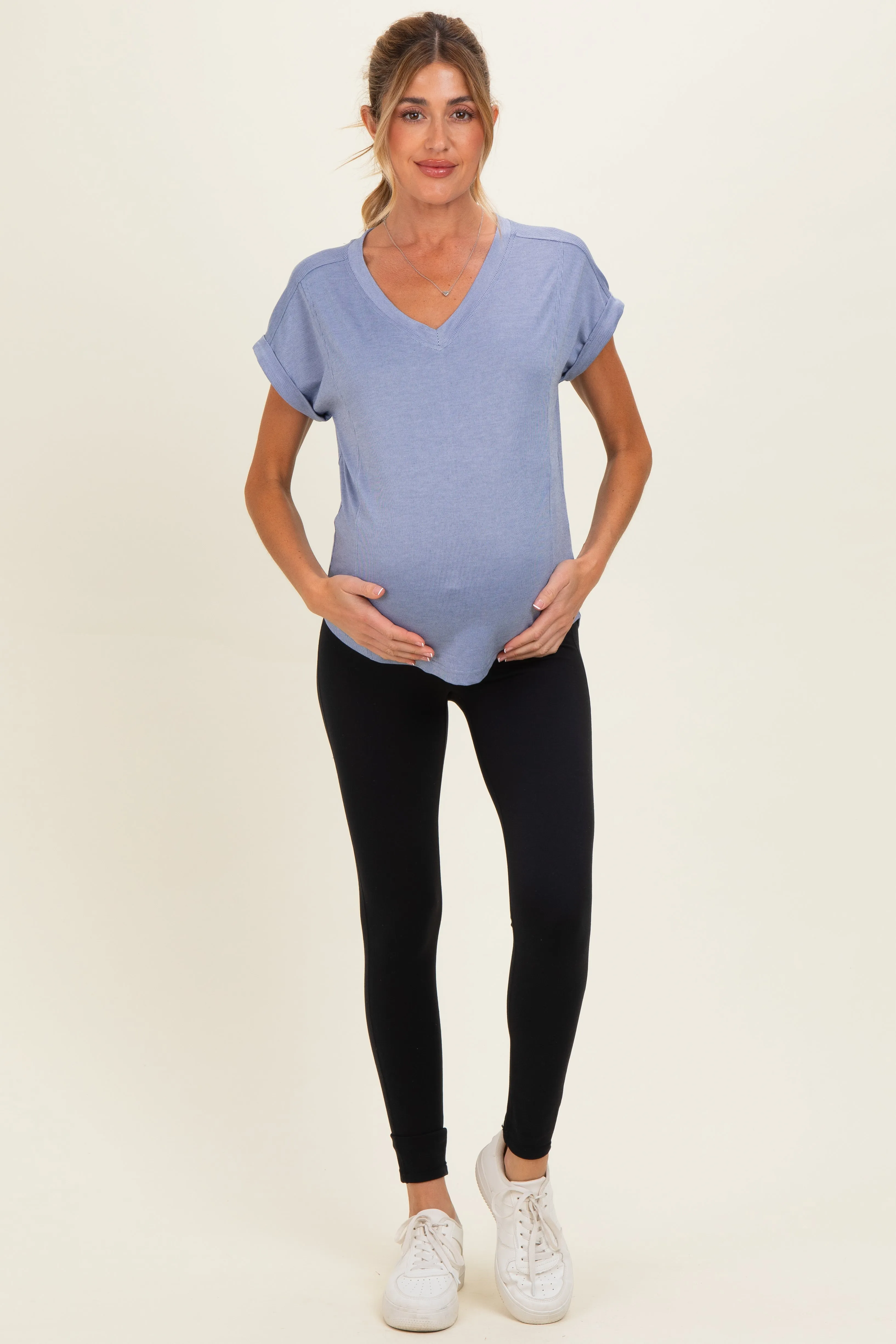 Blue Ribbed V-Neck Short Sleeve Maternity Top sold by Pinkblush product image thumbnail 2