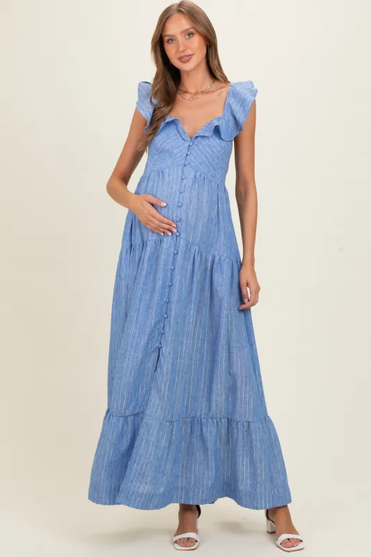 Blue Striped Flounce Neckline Button Down Maternity Maxi Dress made by Skies Are Blue