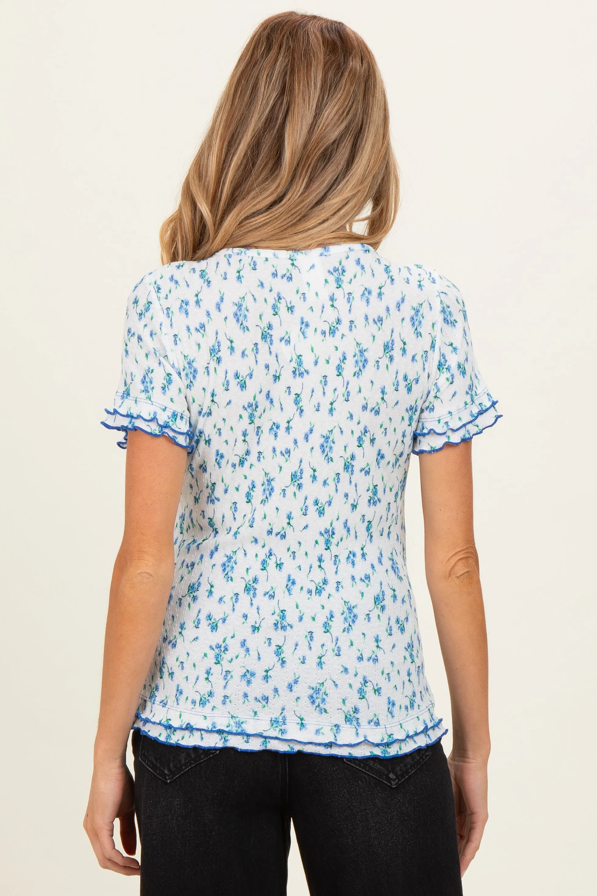 Blue Floral Ruffle Trim Henley Short Sleeve Maternity Top sold by Pinkblush product image thumbnail 4