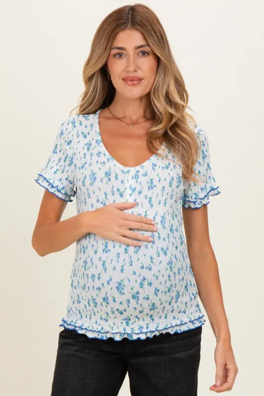 Blue Floral Ruffle Trim Henley Short Sleeve Maternity Top made by Pinkblush