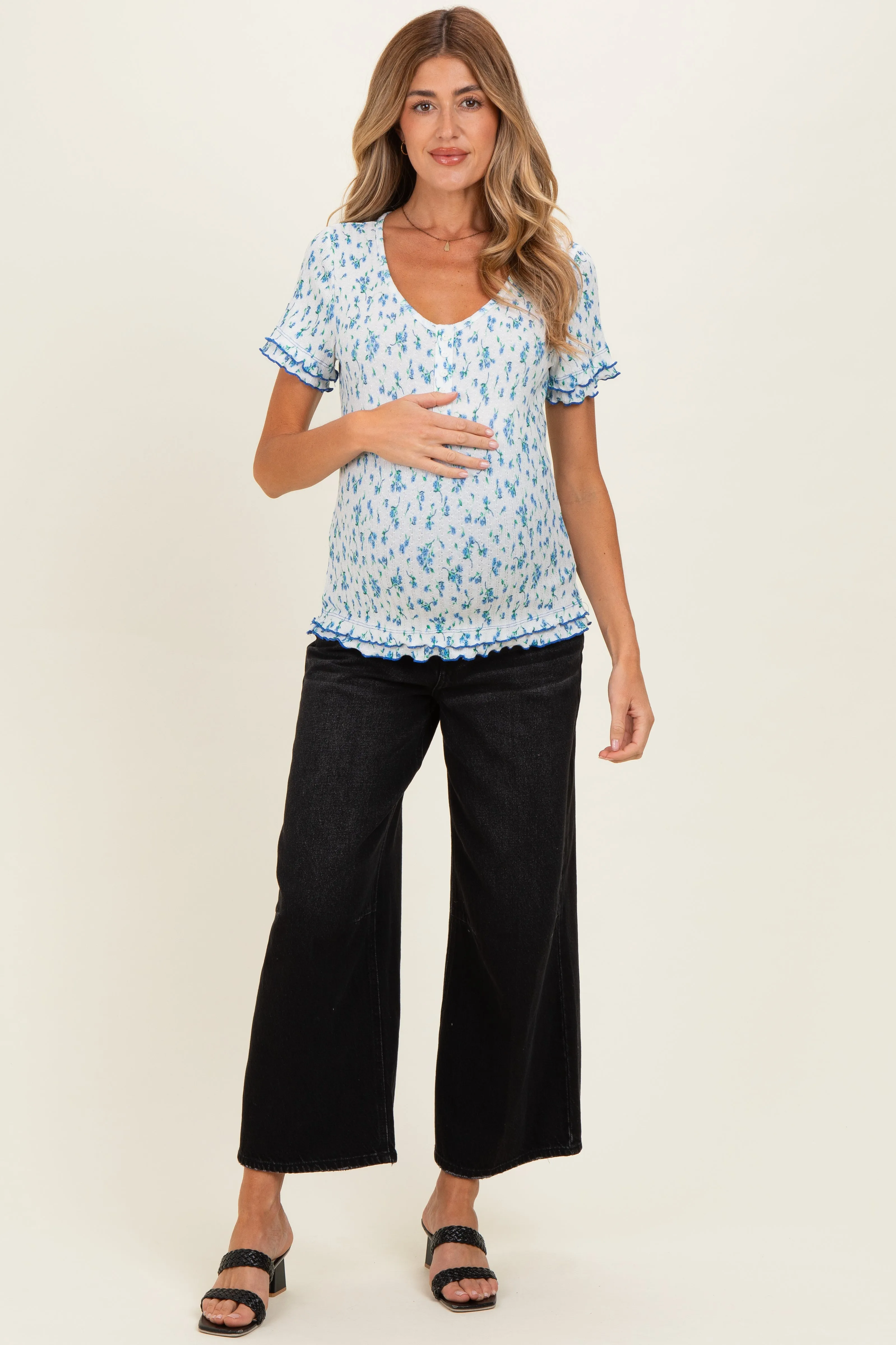 Blue Floral Ruffle Trim Henley Short Sleeve Maternity Top sold by Pinkblush product image thumbnail 2