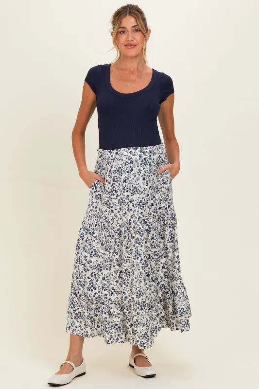 Cream Tiered Floral Print Maternity Maxi Skirt made by Pinkblush