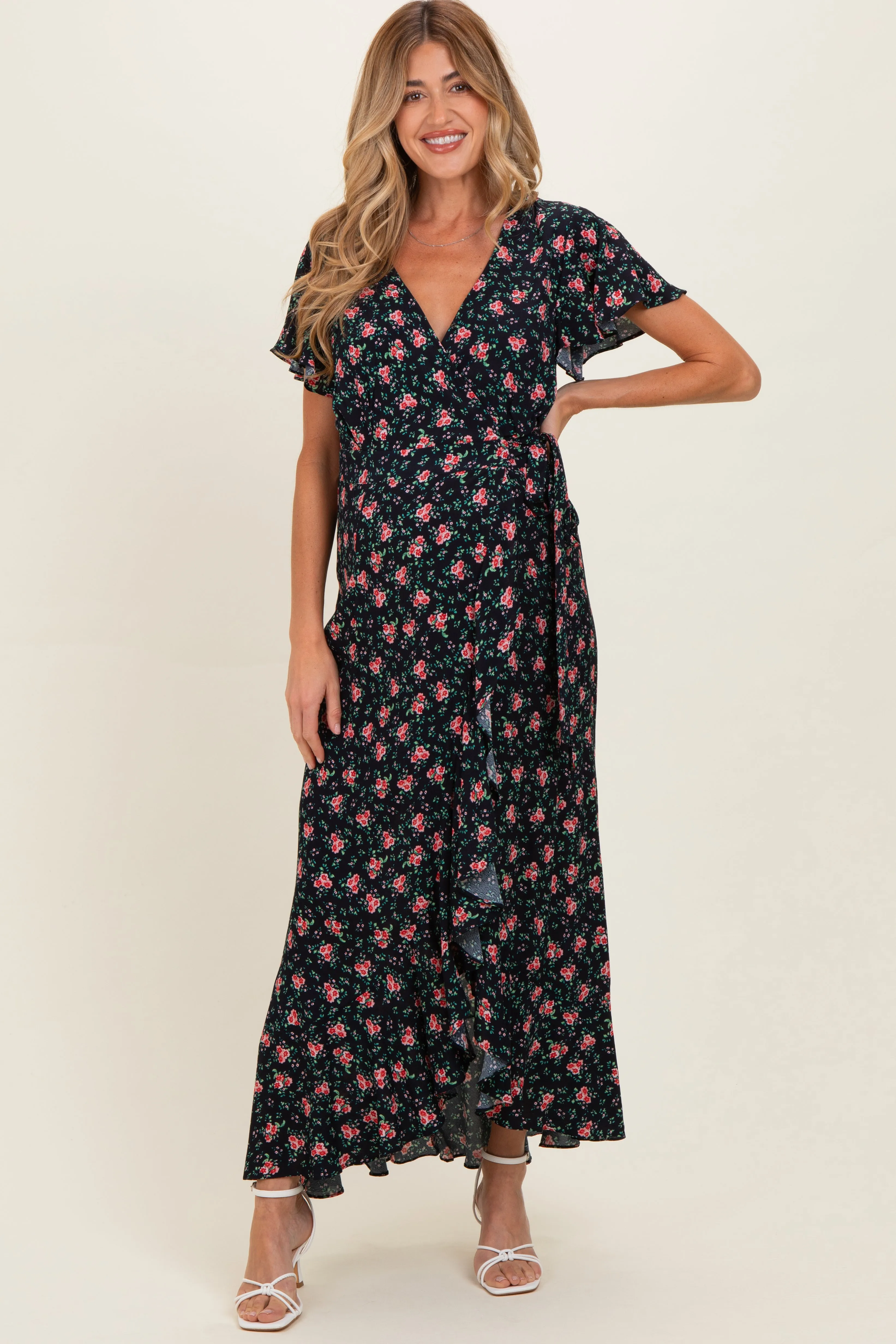 Red Floral Ruffled Hem Wrap Maternity Maxi Dress sold by Pinkblush product image thumbnail 2