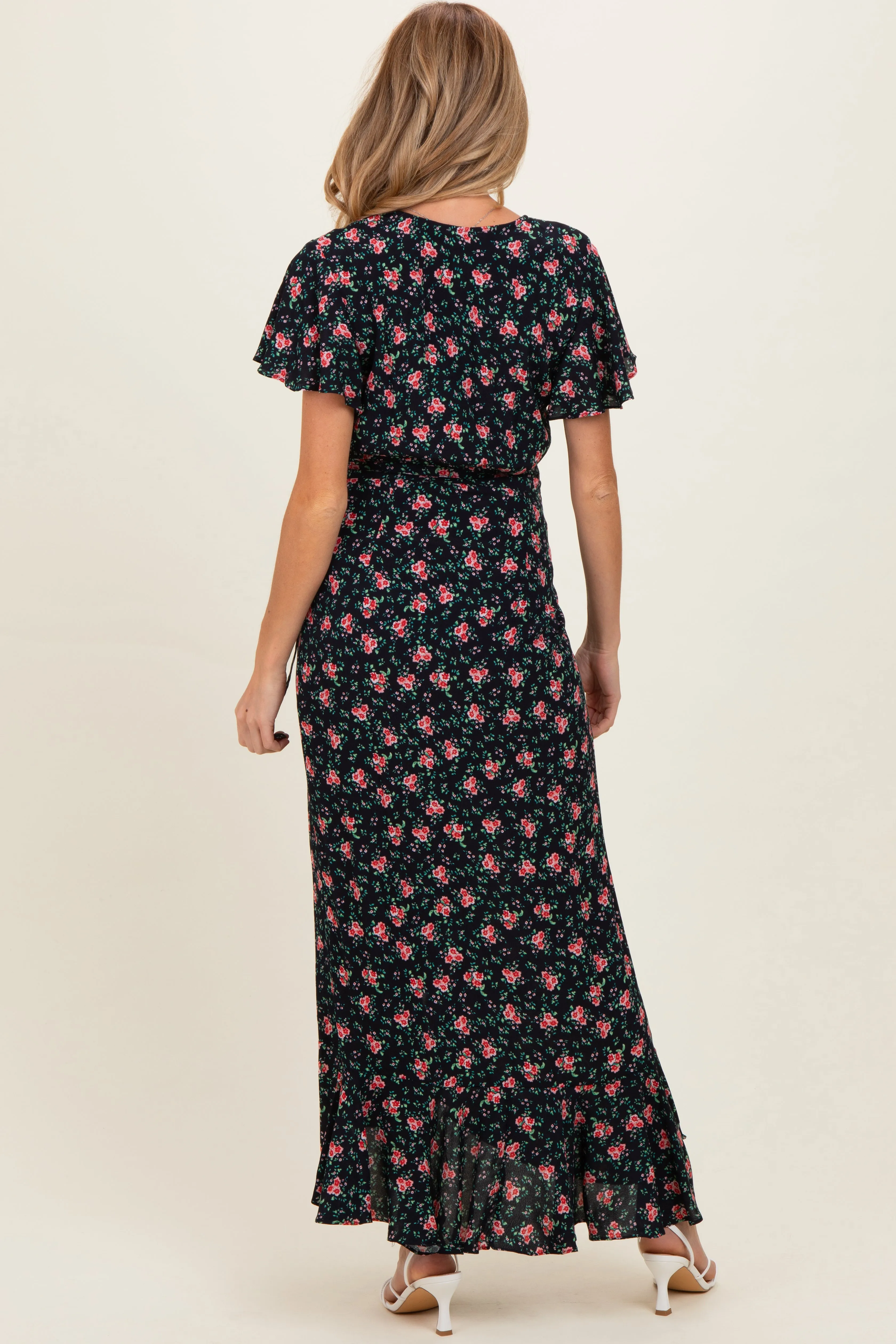 Red Floral Ruffled Hem Wrap Maternity Maxi Dress sold by Pinkblush product image thumbnail 3