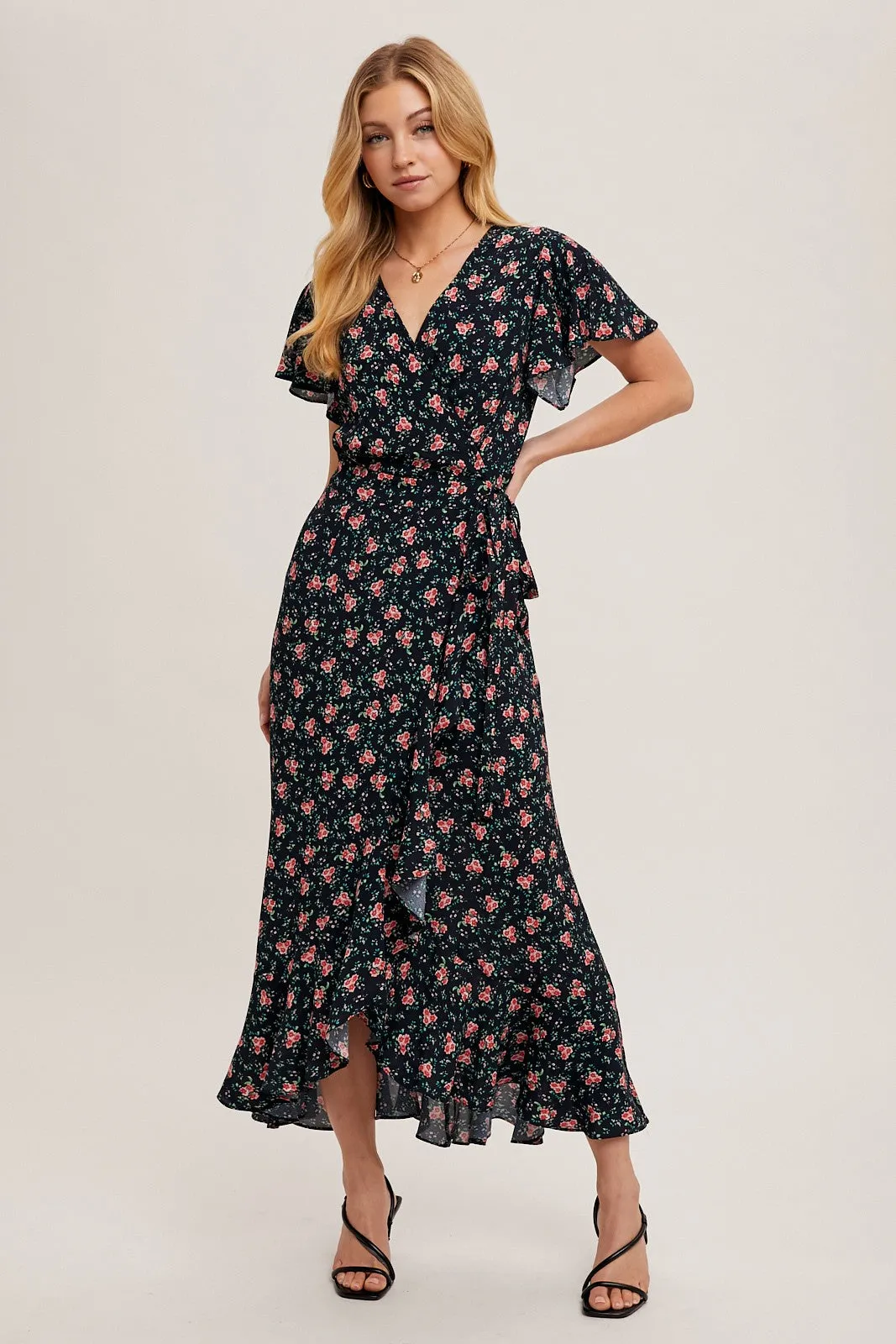 Red Floral Ruffled Hem Wrap Maternity Maxi Dress sold by Pinkblush product image thumbnail 4