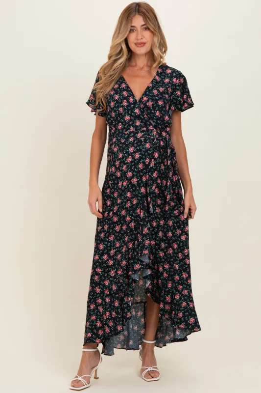 Red Floral Ruffled Hem Wrap Maternity Maxi Dress made by Bluivy
