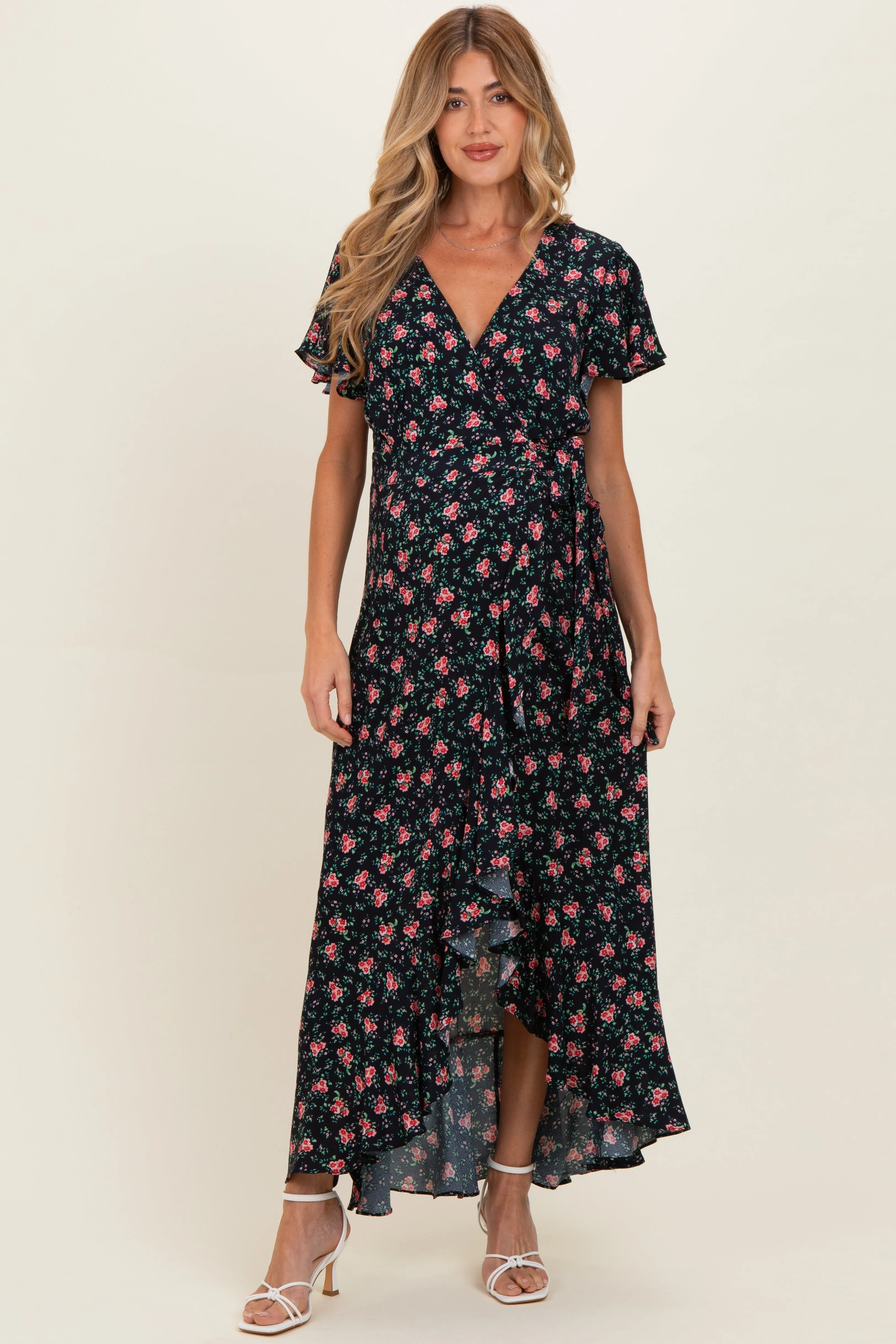 Red Floral Ruffled Hem Wrap Maternity Maxi Dress sold by Pinkblush